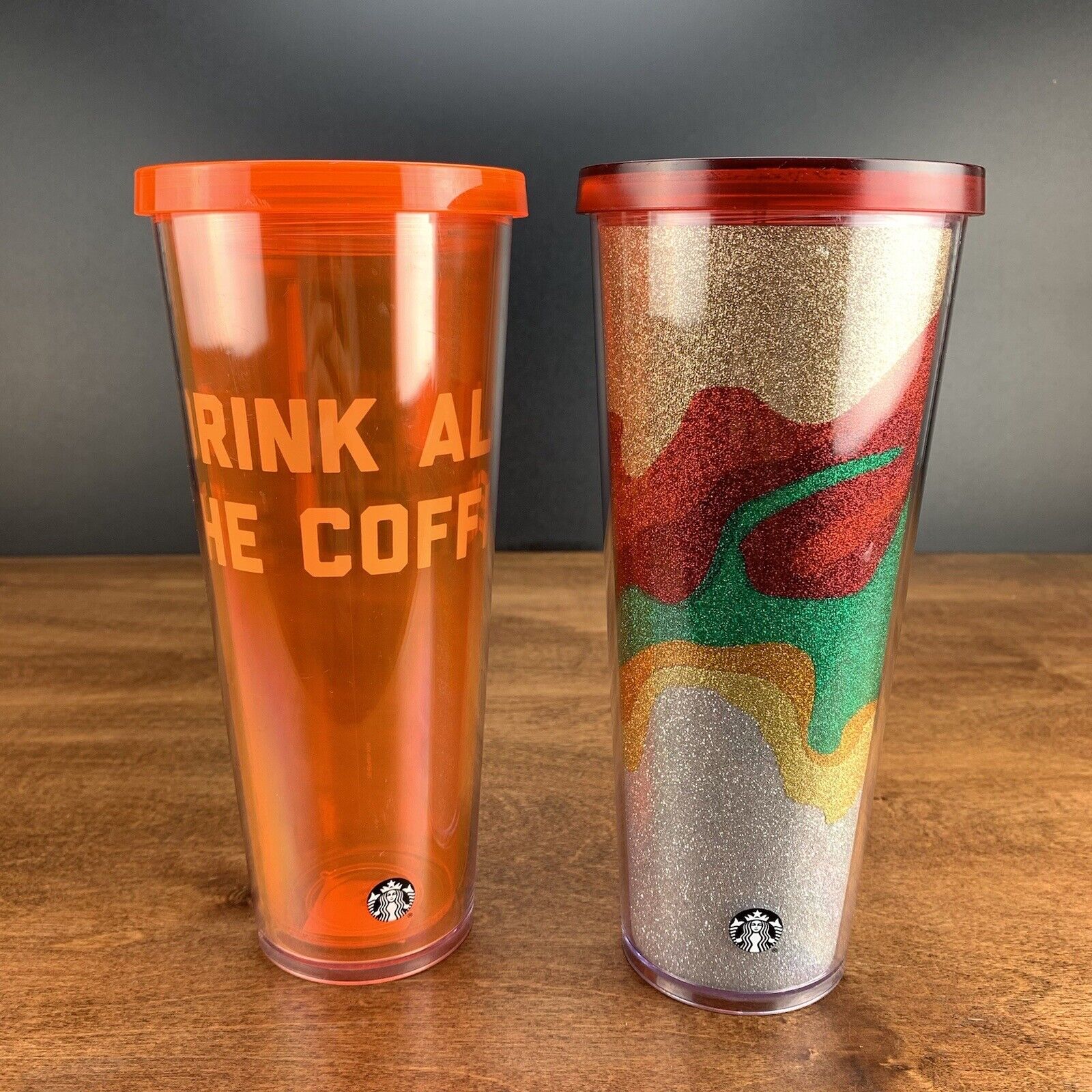 Set Of 2 Starbucks Orange & Glitter Multi Color Cold Coffee Cup Tumbler Venti
