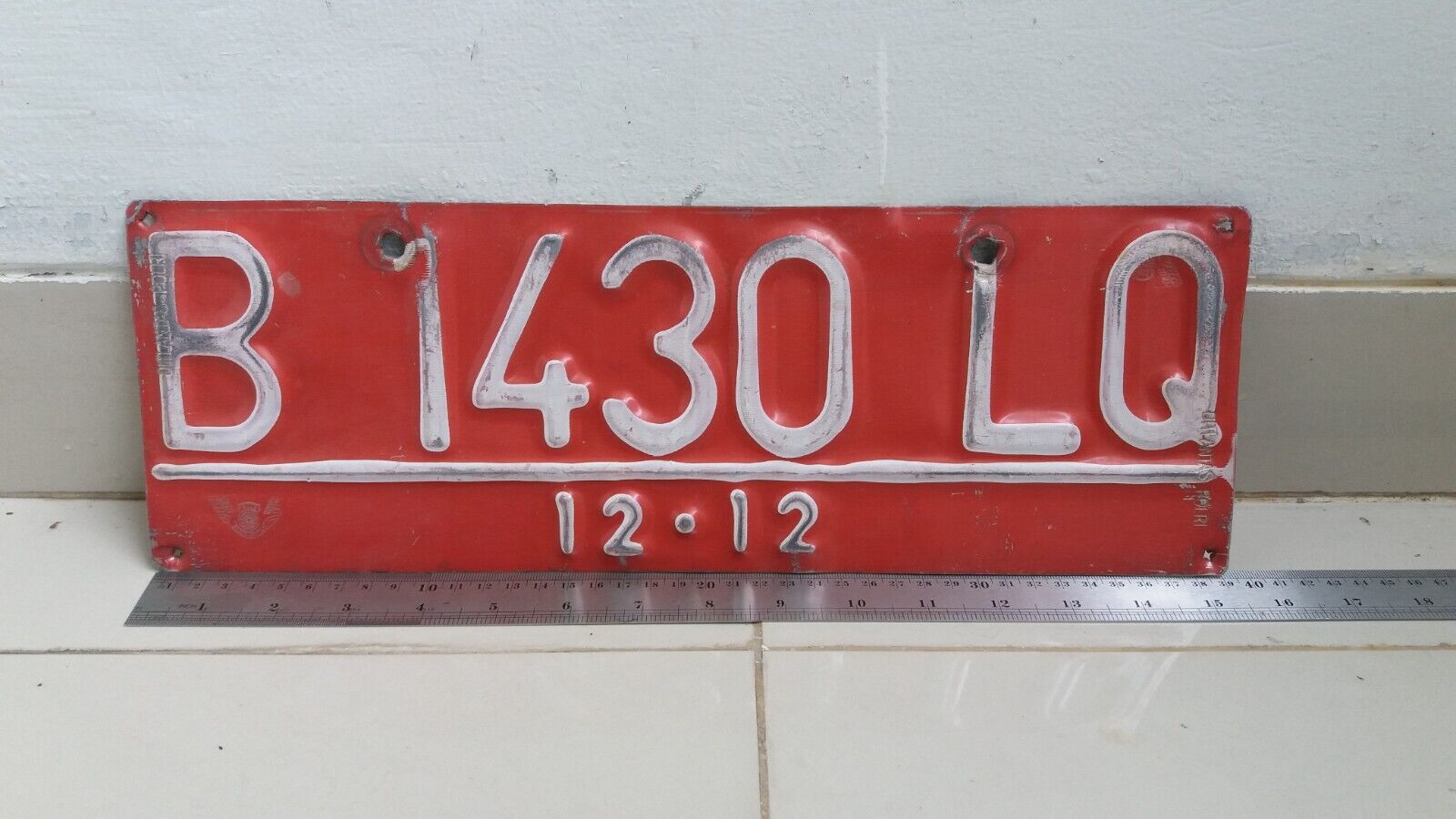 1 Pc Used Original Collectible License Car Plate B 1430 LQ Indonesia 2012