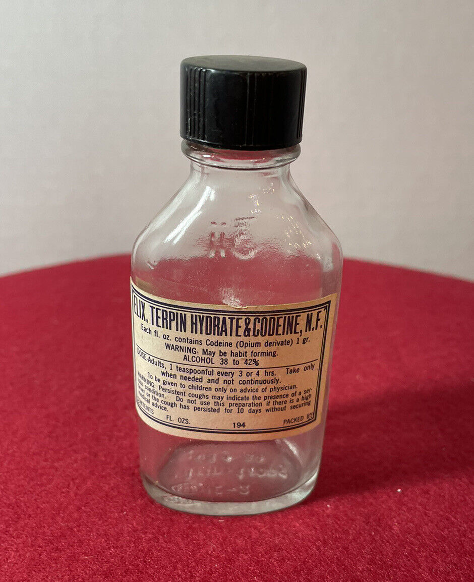 Vintage Elix Terpin Hydrate &Codeine N.F. Medicine Bottle 4” tall