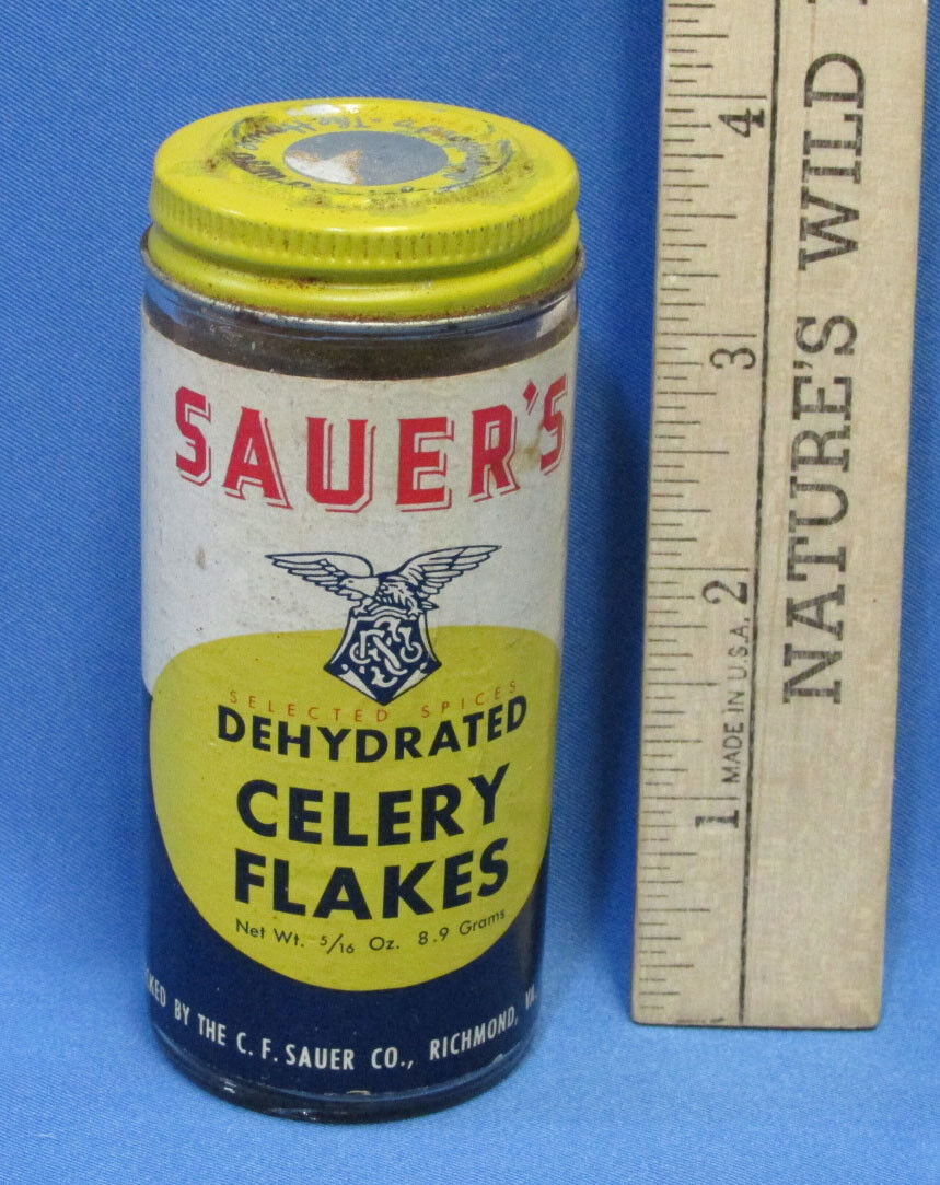Vintage Glass Spice Container Sauers McCormicks Celery Flakes Dehydrated