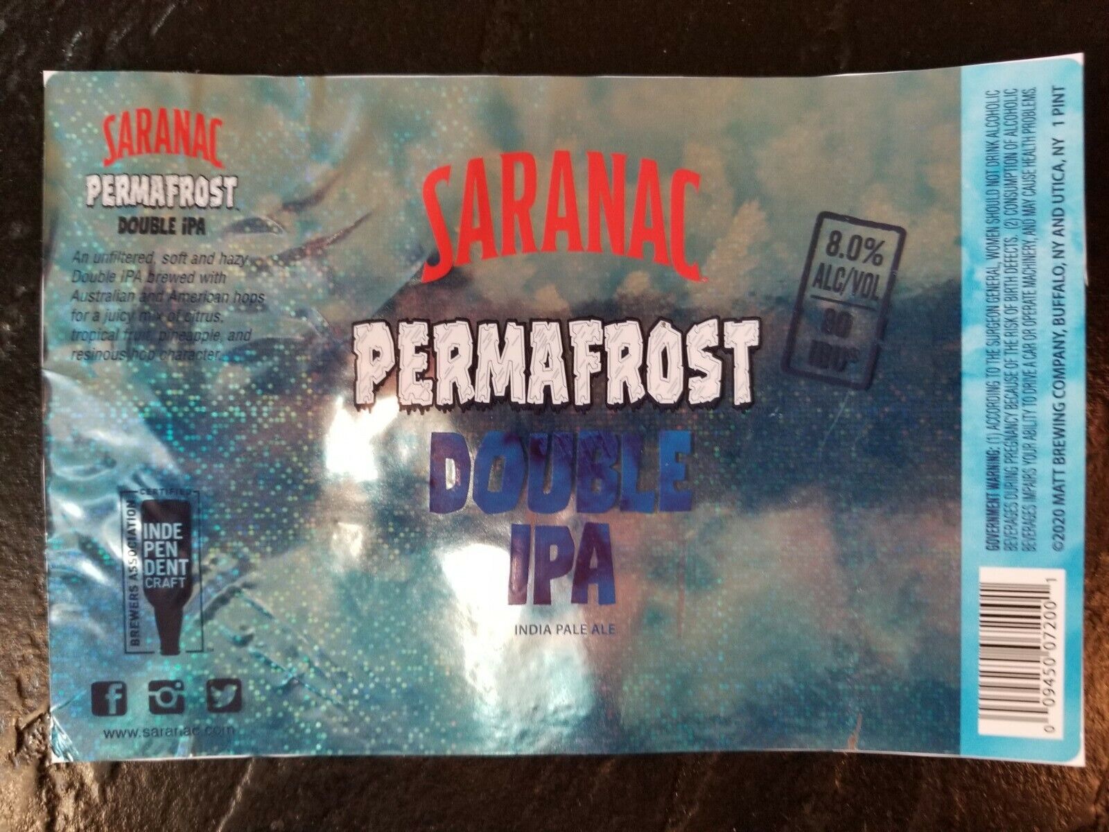 Permafrost Craft Beer Label. Saranac Brewery Utica NY