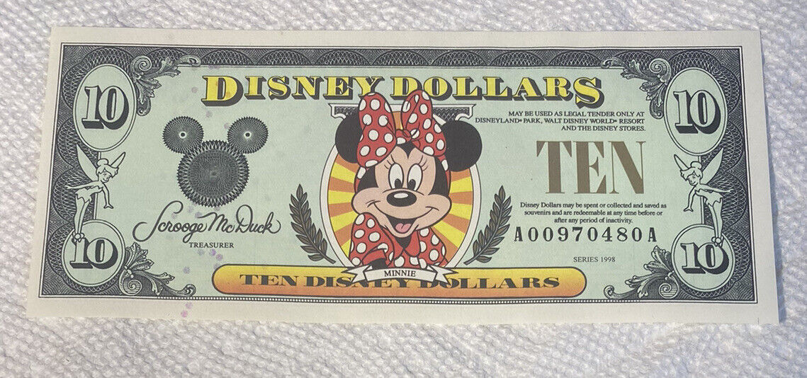 1998-AA Block. $10 Disney Dollars. Minnie. Disneyland. CU.