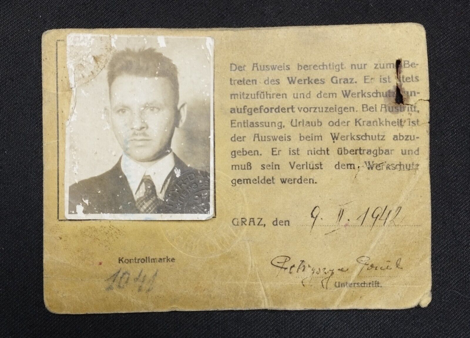 Genuine 1942 German WWII Period Ausweis ID Card From Steyr Daimler to Ukrainian