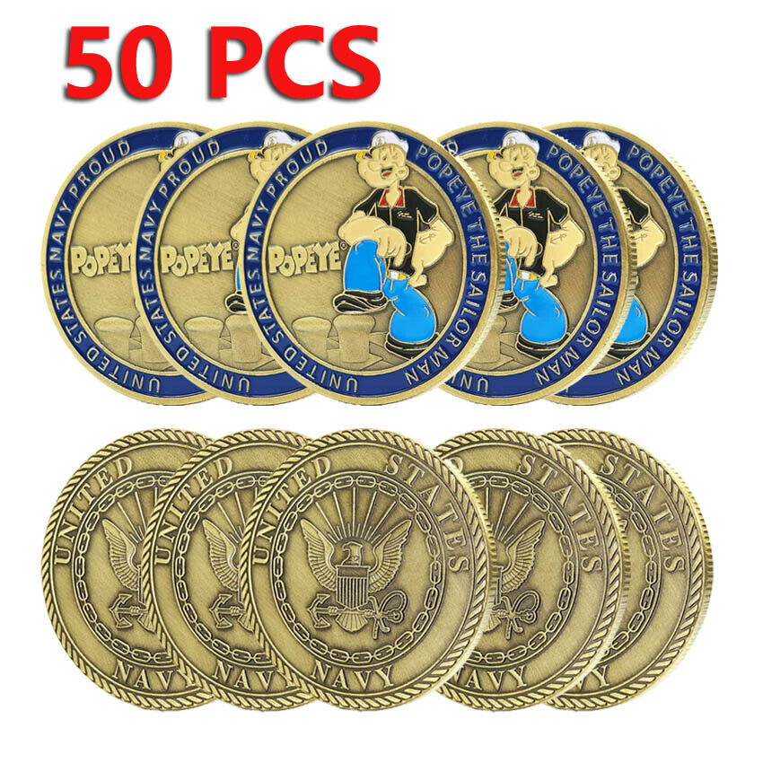 50PCS US Navy Proud Popeye Sailor Man Bronze Metal Challenge Coin Coast Guard