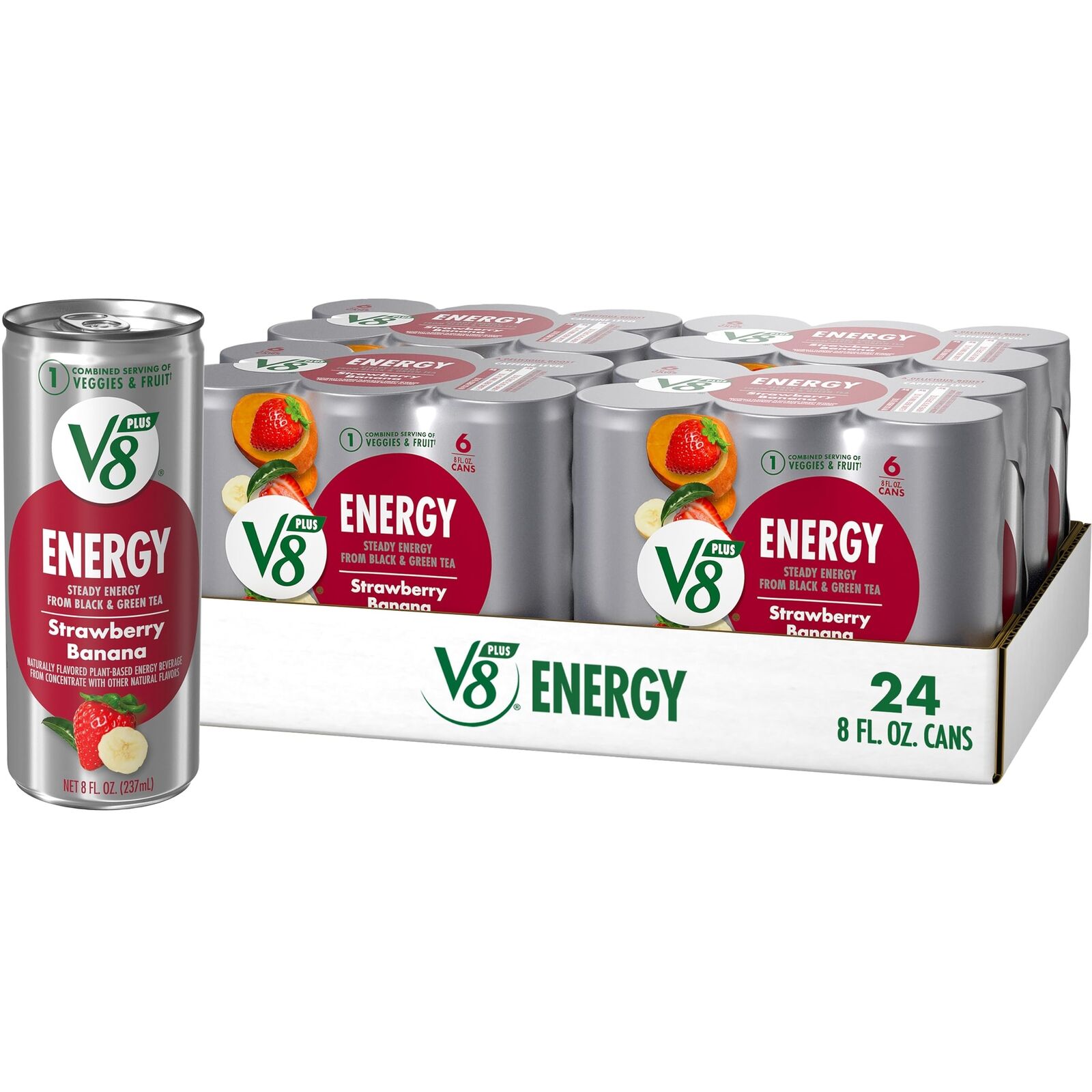V8 +ENERGY Strawberry Banana Energy Drink 8 fl oz Can (4 Packs of 6 Cans)
