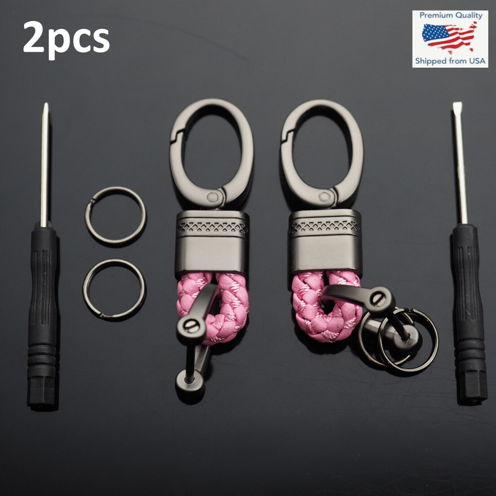 2pcs Pink Woven Leather Fob D-Ring Buckle Keychain Key Split Rings Holder Clip