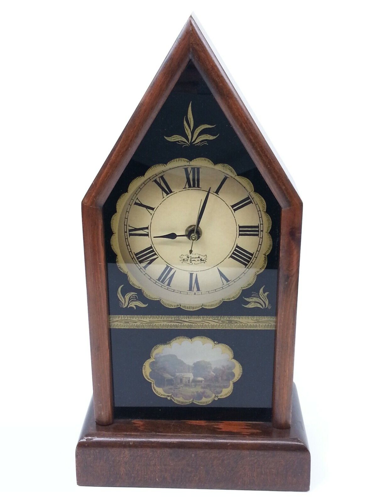 Vintage Wuersch Wood Decorative Steeple Clock Fall River MA Farm Town Scene