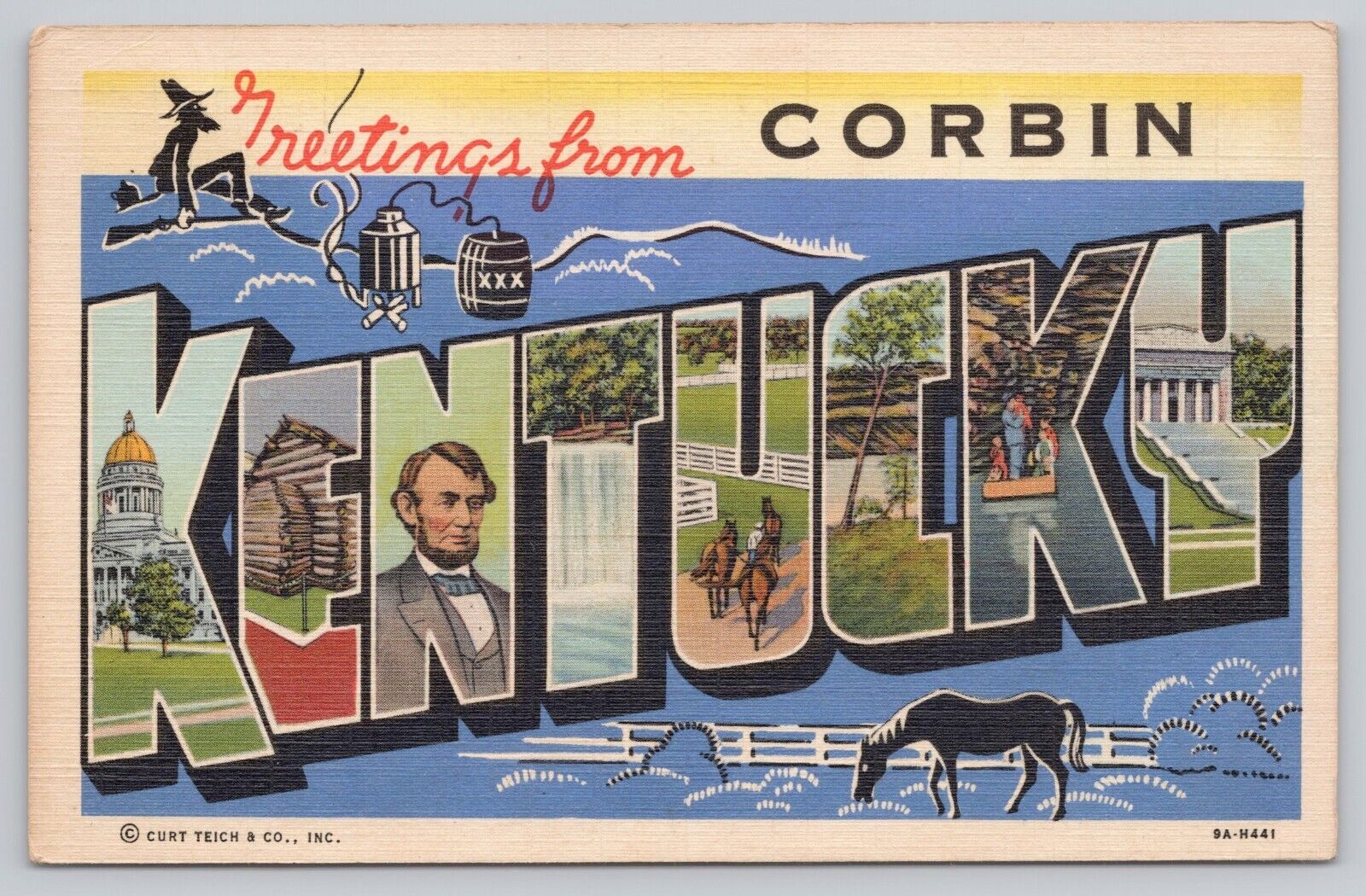 Corbin Kentucky, Large Letter Greetings Moonshine & Horse RARE, Vintage Postcard