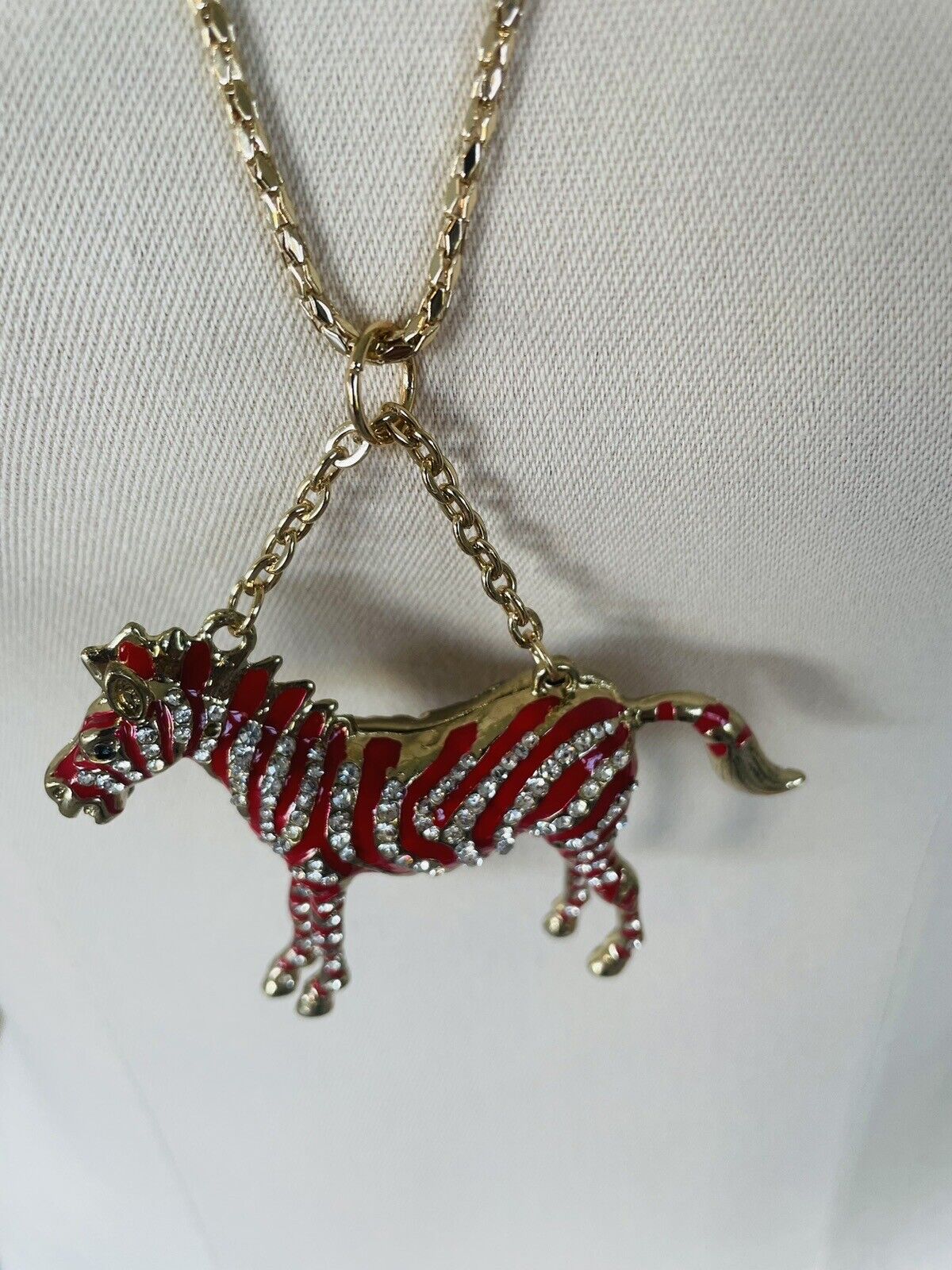 Zebra Red  Enamel & Rhinestone Striped Pendant Necklace New No tags Bling