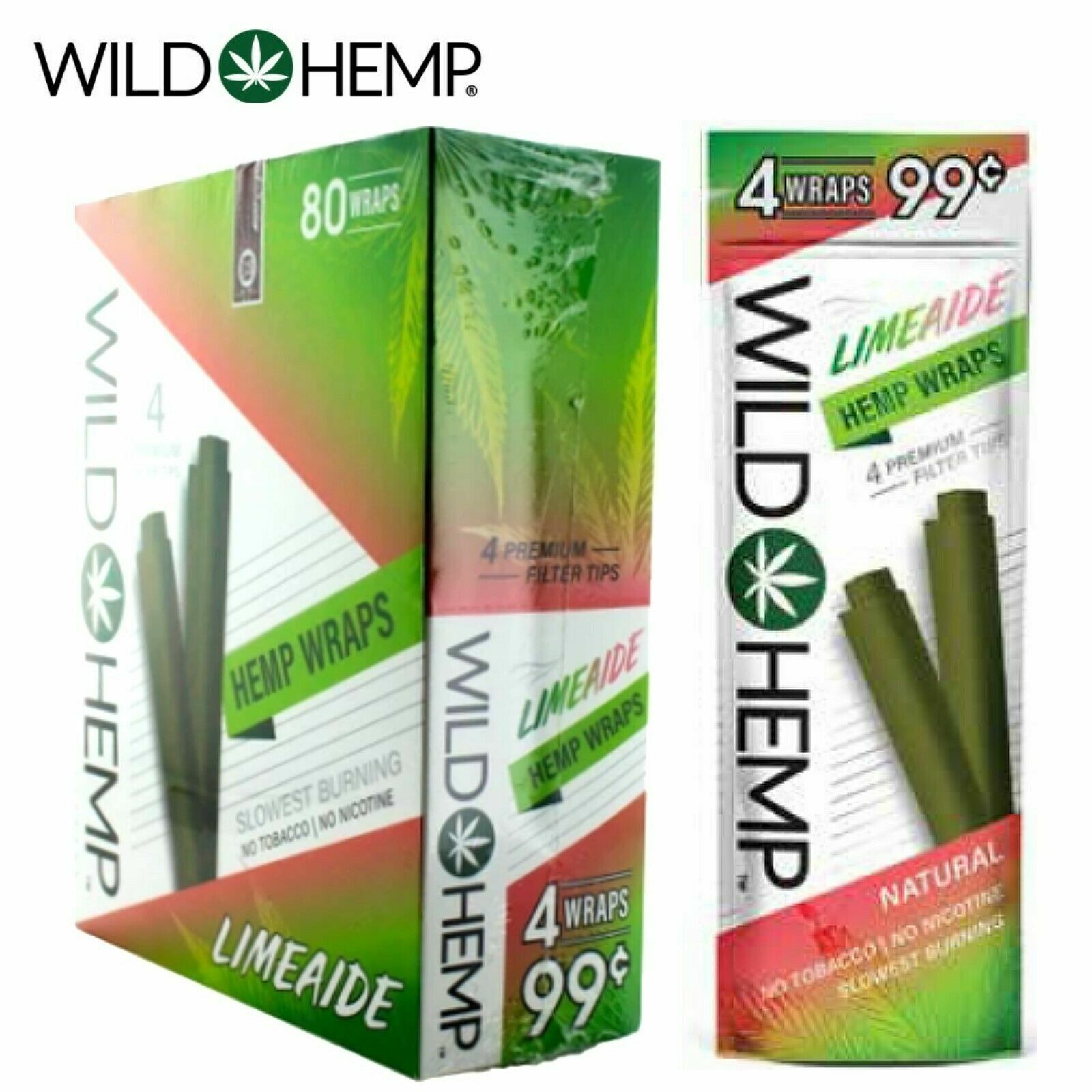 Wild H. Organic Wrap Rolling Paper Limeade Full Box 20 Pouches /4 per Pack