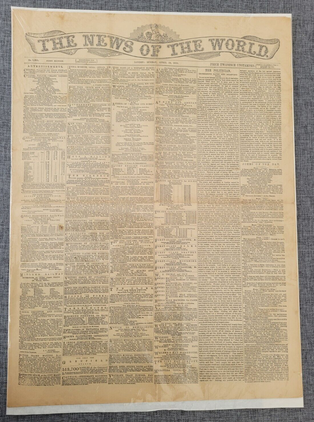 THE NEWS OF THE WORLD 10TH APRIL 1870 NEWSPAPER
