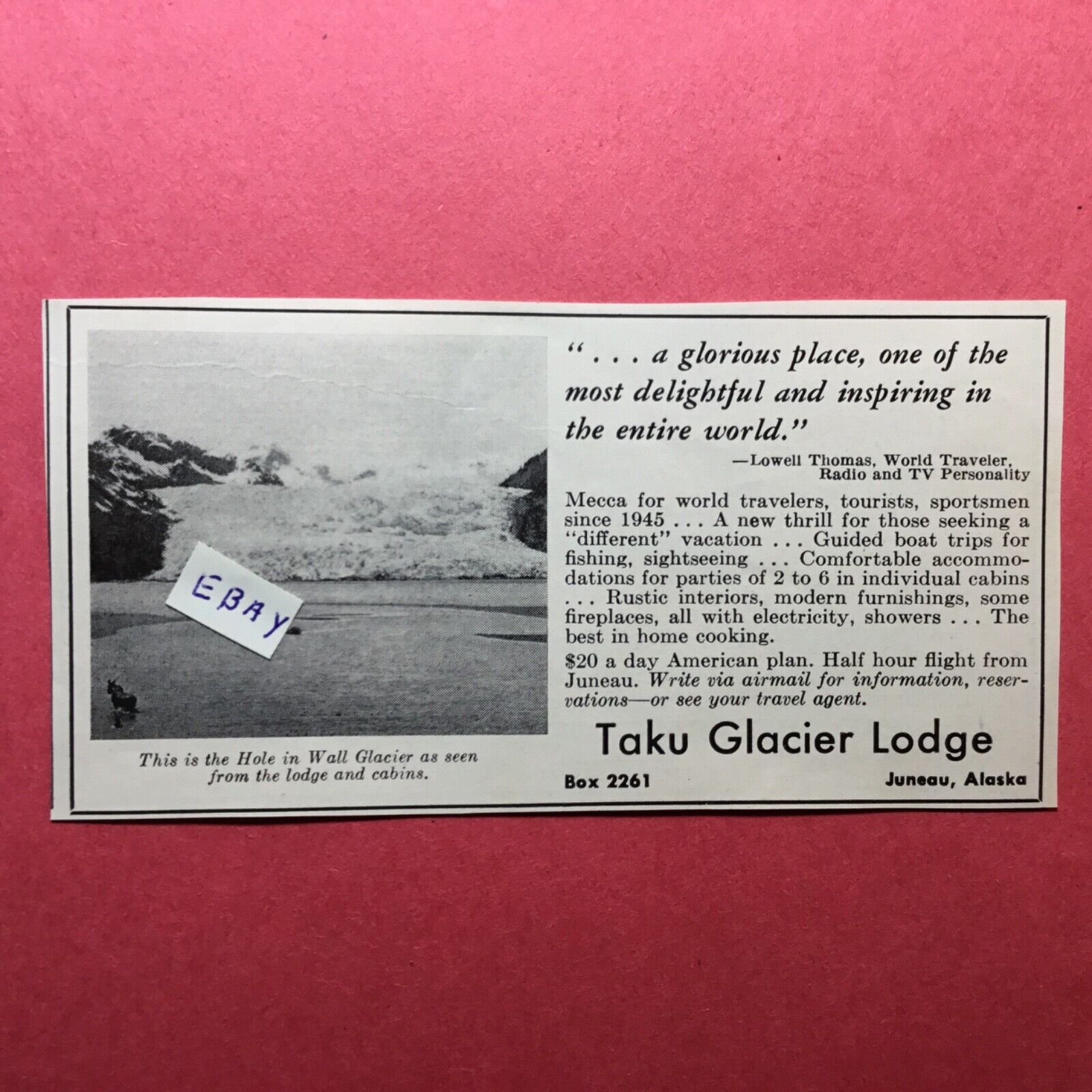 1961 Ad. Taku Glacier Lodge. Juneau, Alaska. 