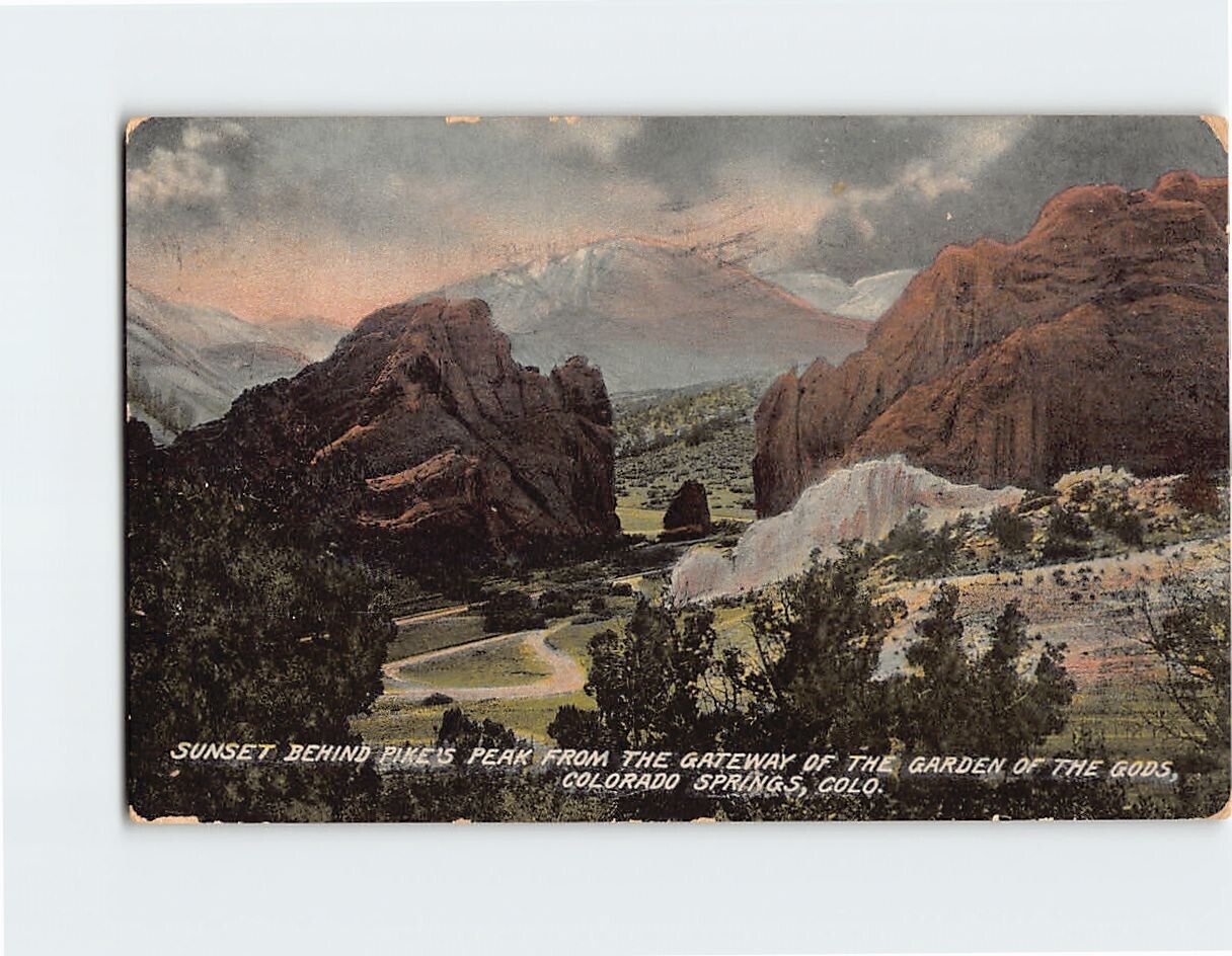 Postcard Sunset Behind Pike\'s Peak from the Gateway of the Garden of the Gods CO