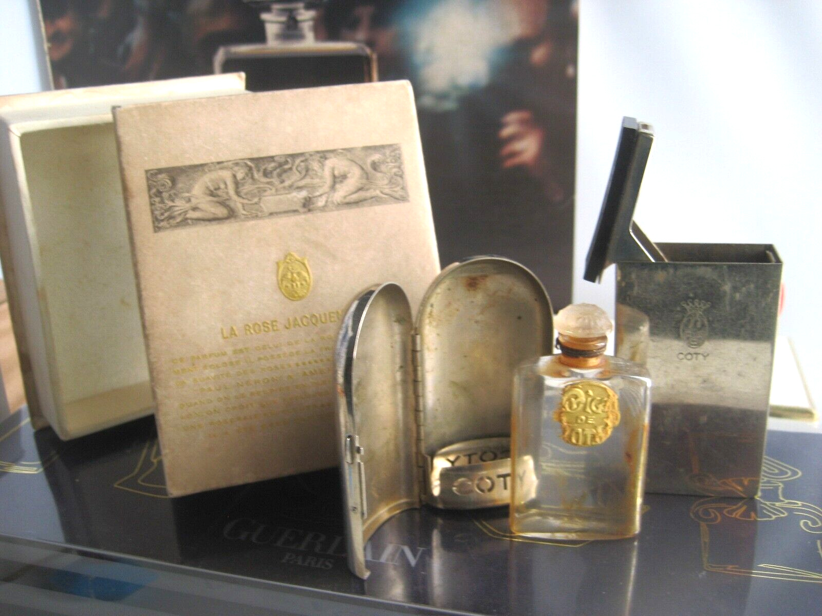 🎁3pc lot Vintage empty PARFUM Perfume case Coty L'Origan La Rose Jacqueminot