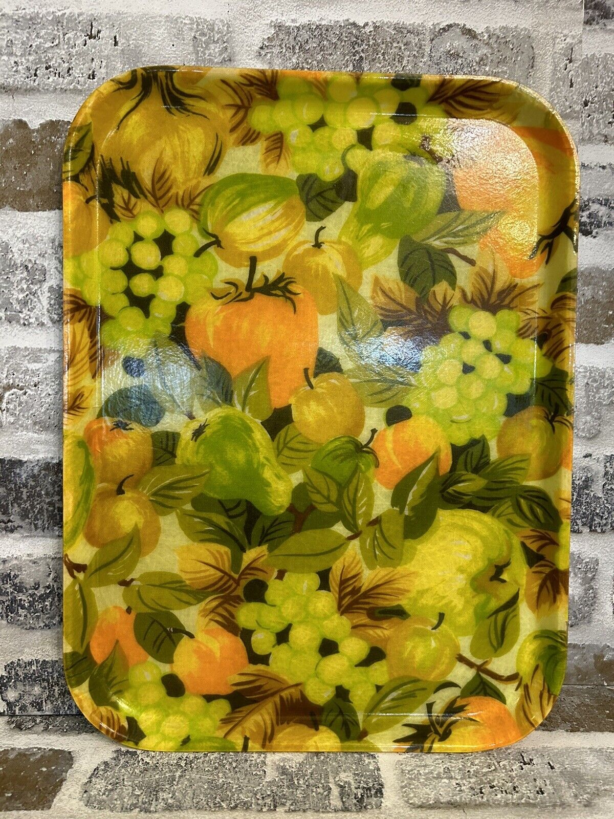 Vintage 1960’s Floral Tray Fiberglass Fruit Orange Yellow Green MCM Tray 16”x12”