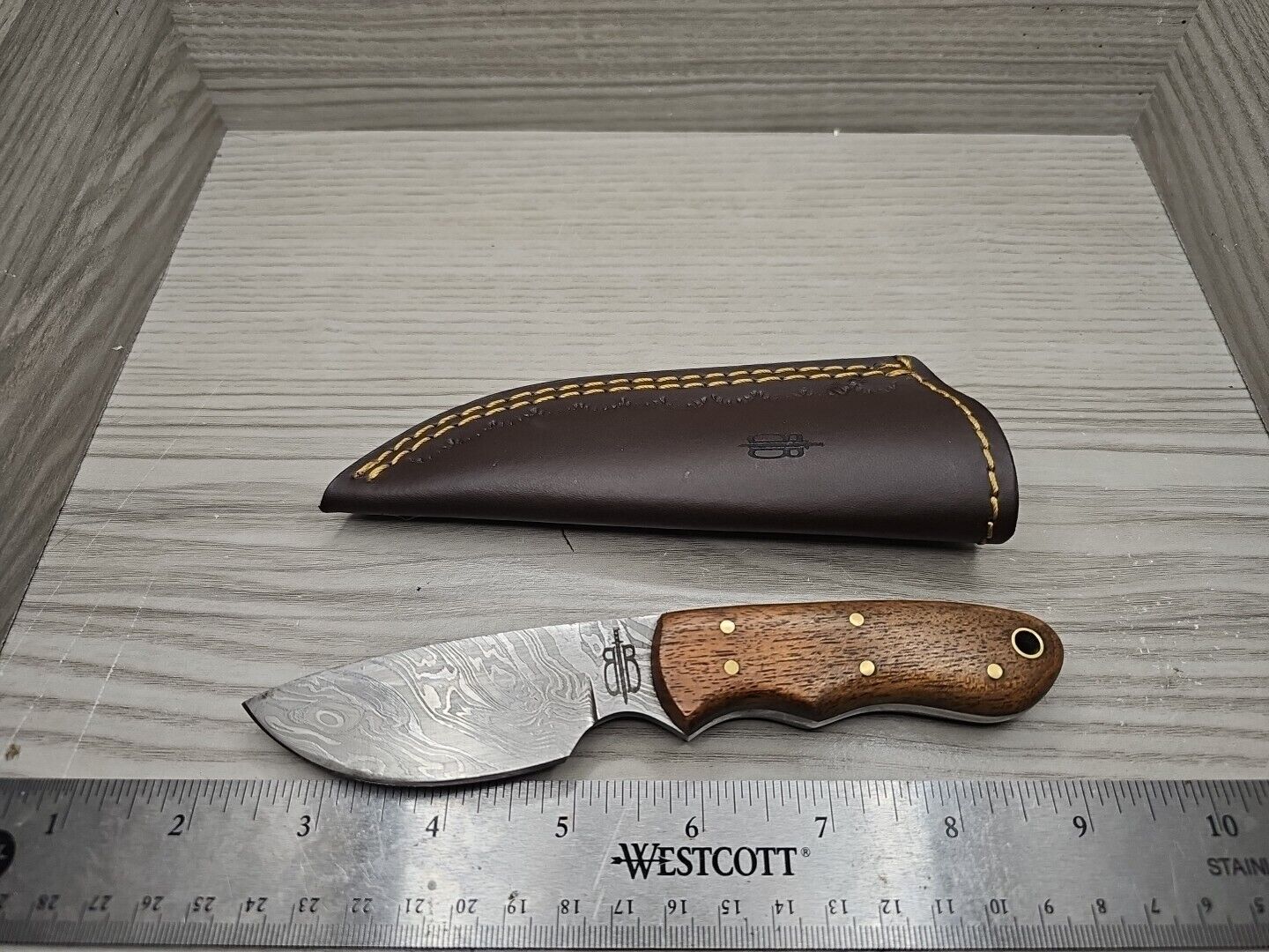 BNB BucknBear Damascus Mini Hunter Wood Handle Fixed Knife w/ Sheath USA