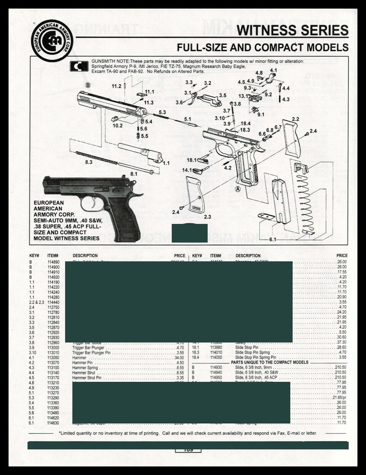 1999 EUROPEAN AMERICAN ARMORY Witness Series Pistol Schematic Parts List AD
