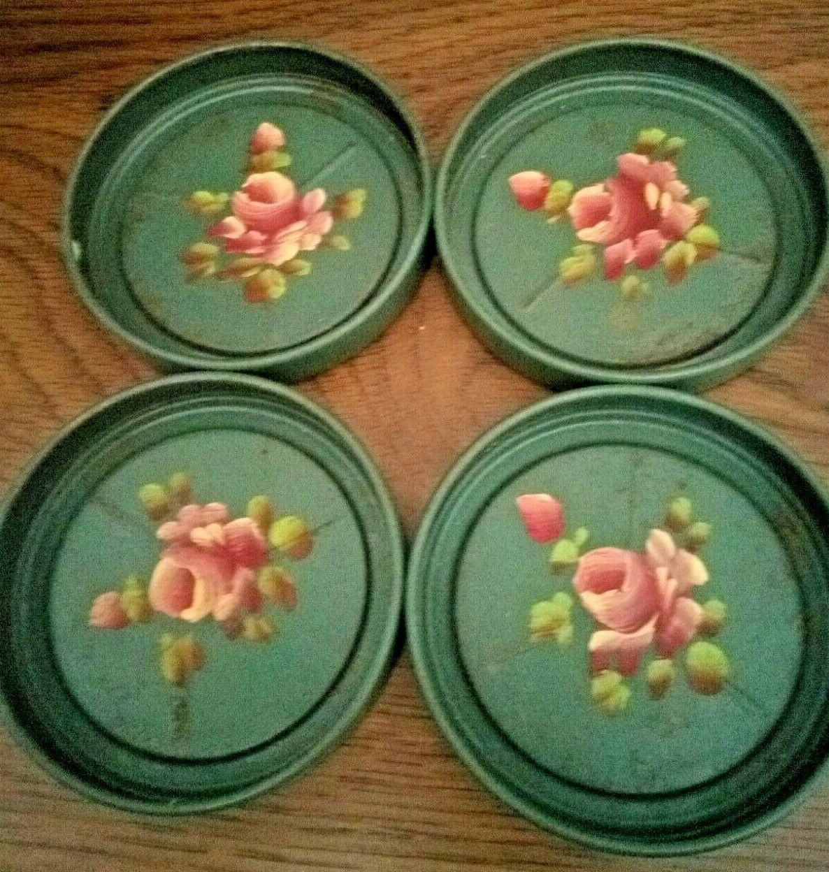4 Vintage Hand Painted Toleware Nash Co COASTER SET Metal Round Green w Roses  