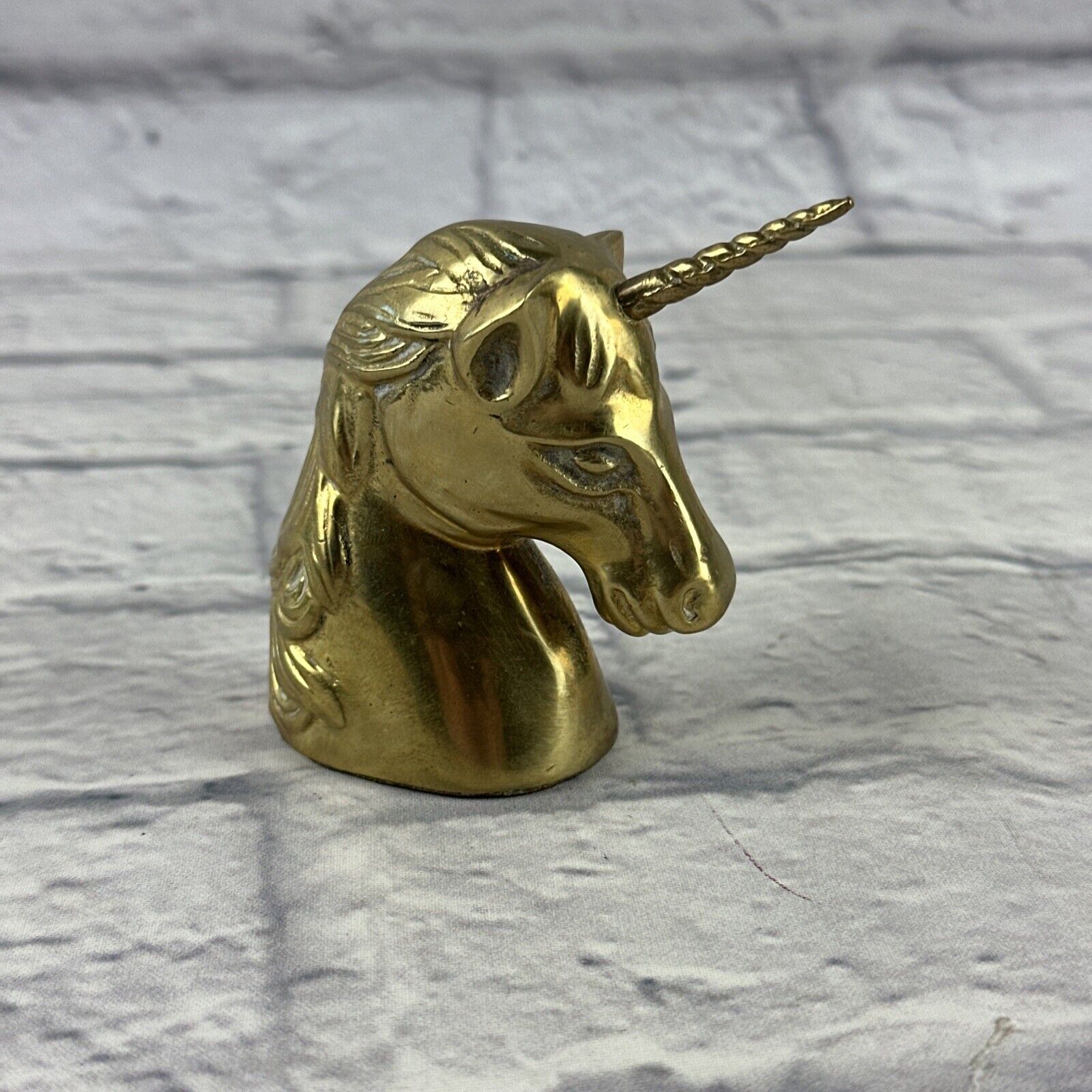 Vintage SOLID BRASS Unicorn Horse Head Bust Figurine Statue Paper Weight 3”