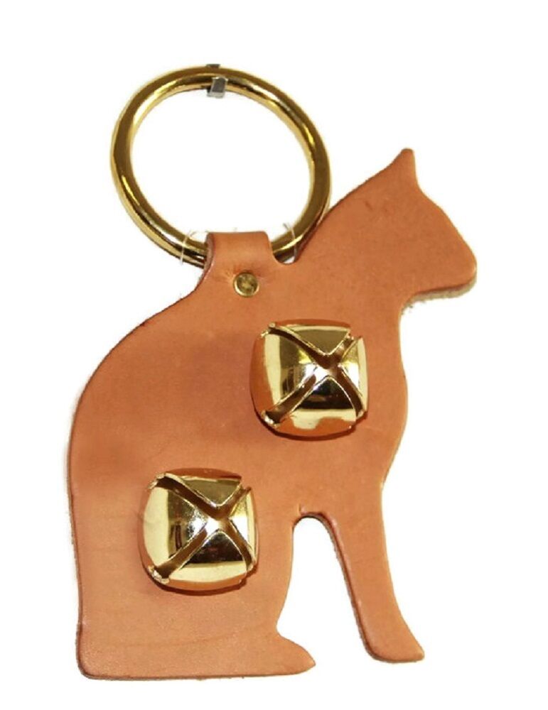 CAT DOOR CHIME - TAN LEATHER w/ SLEIGH BELLS - Amish Handmade in the USA