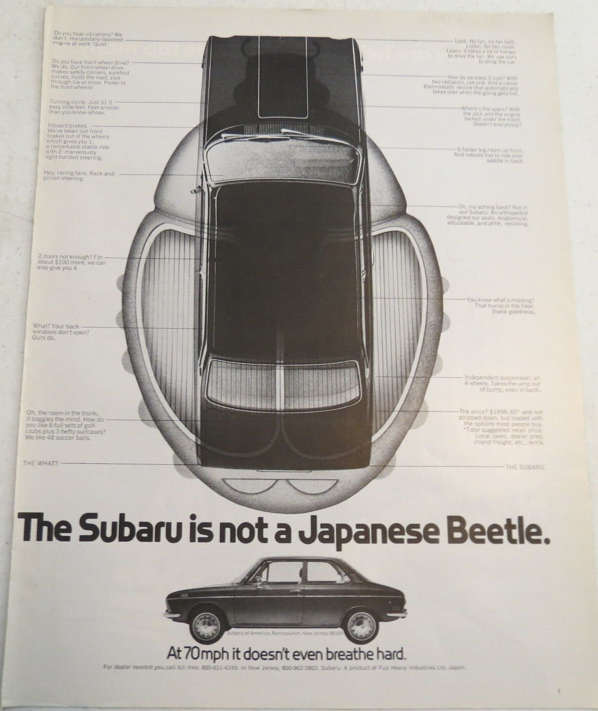 1971 Print Ad Subaru is not a Japanese Beetle at 70mph it doesn't even breathe