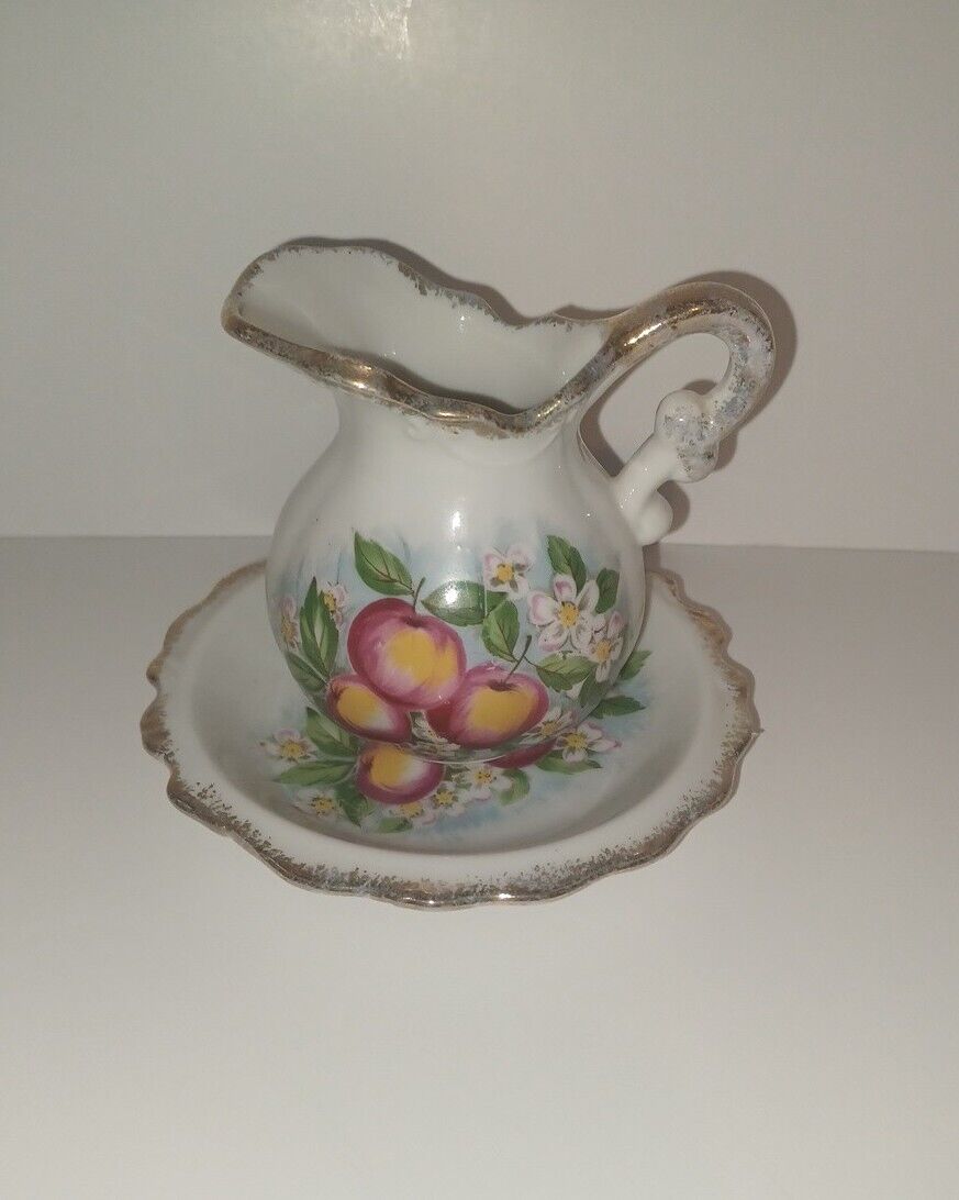 Vintage Homco Miniature Pitcher And Plate Apples & Flowers Gold Trim 4\