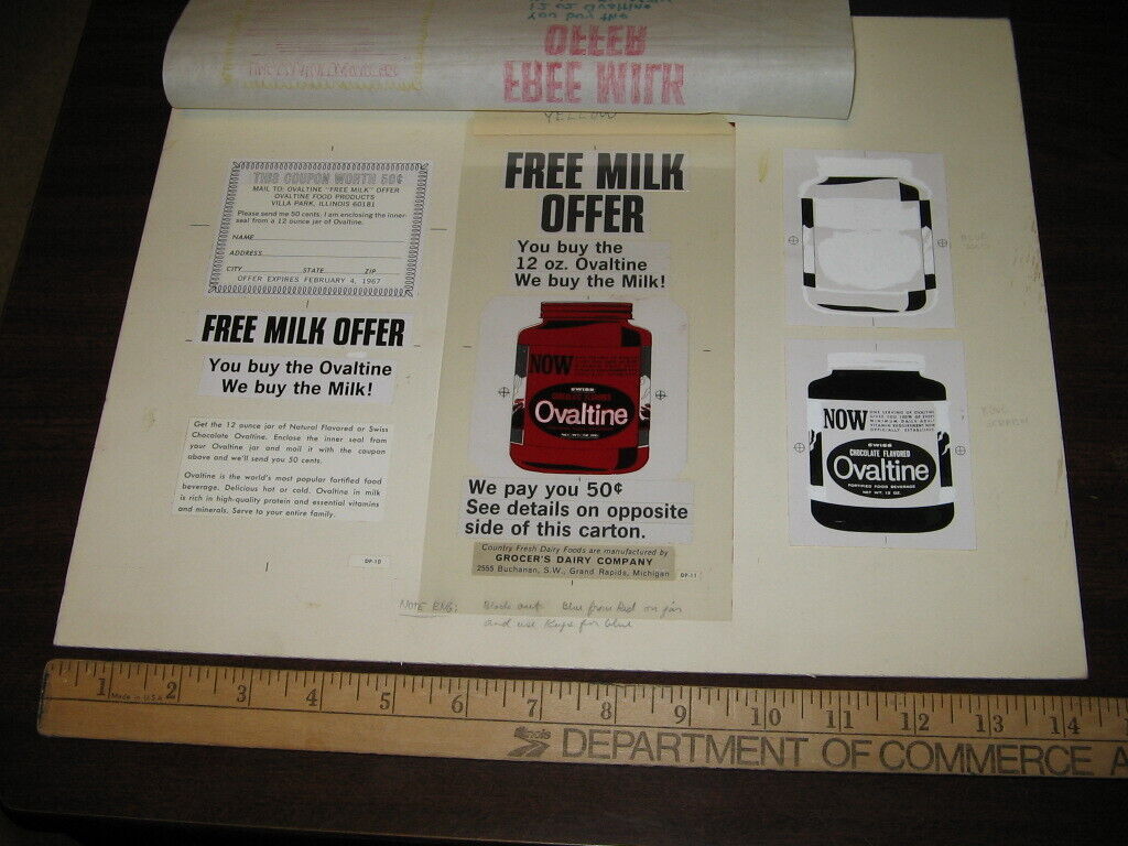 OVALTINE 1967 original production concept advertising art FREE MILK jar premium