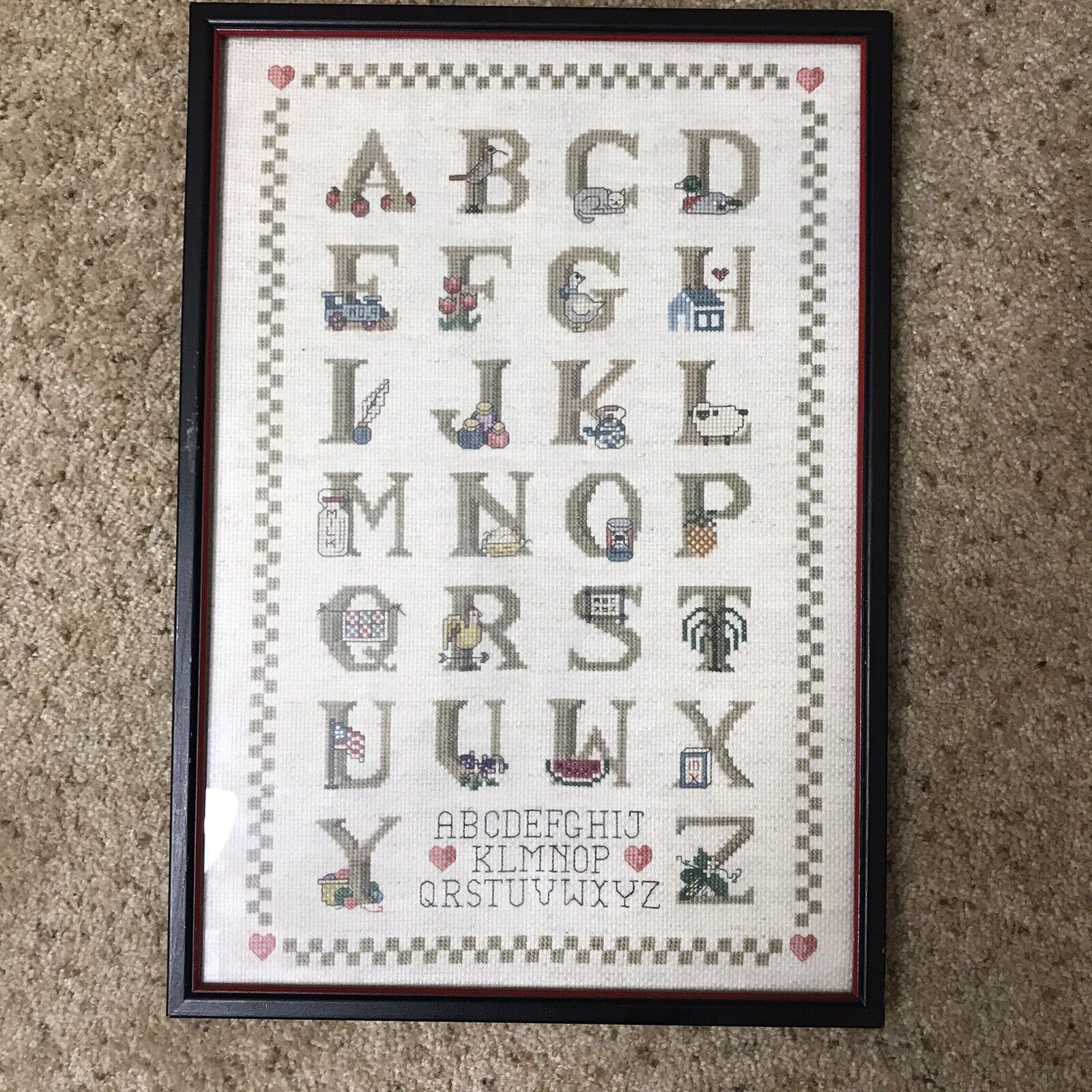 Vintage Handmade Cross Stitch Sampler ABC Alphabet Country Farmhouse 12 x 16”