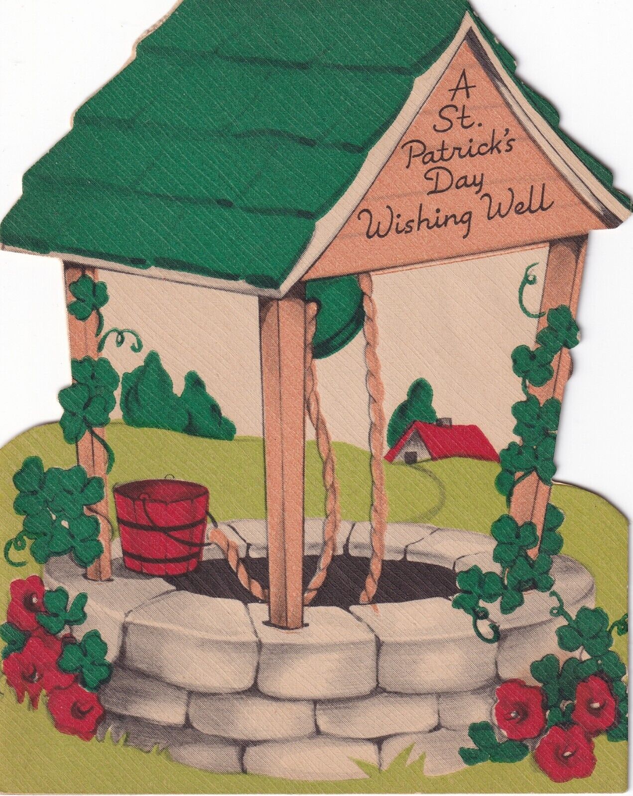 Vintage Die Cut St. Patrick\'s Day Wishing Well  Fold Out Card