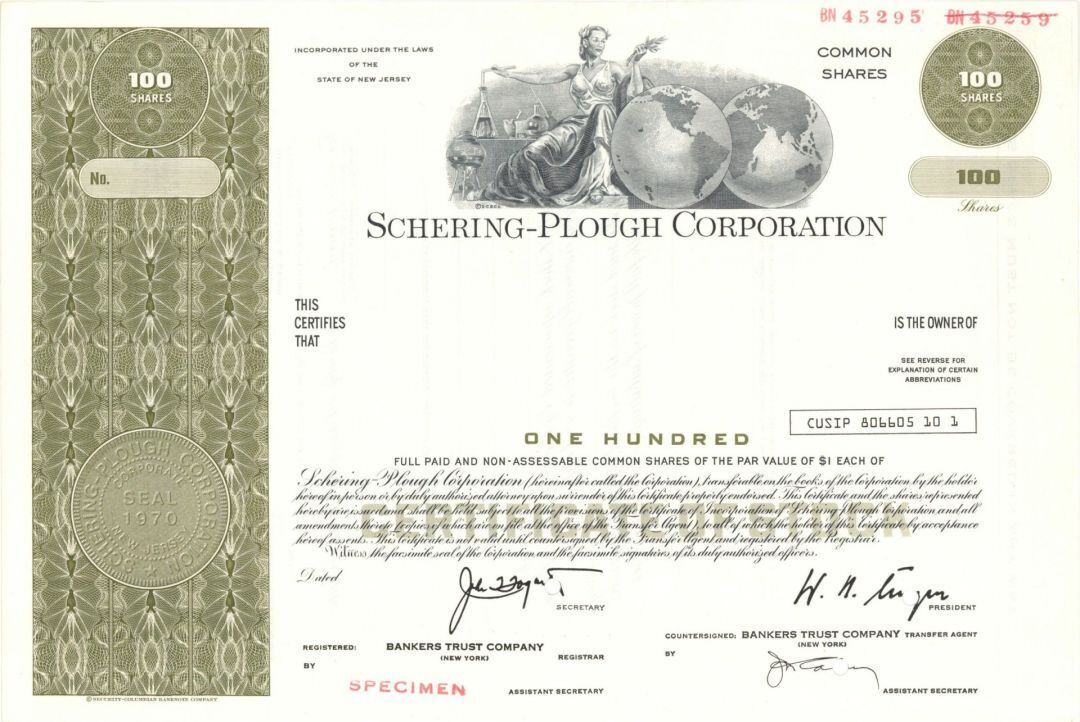 Schering-Plough Corp. - 1970 dated Specimen Stock Certificate - Specimen Stocks 