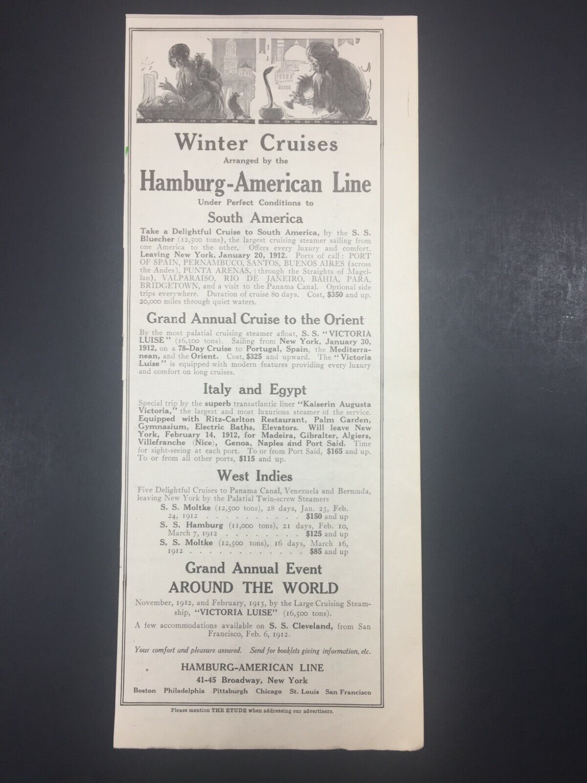 Antique Vintage 1912 Ad Advertising HAMBURG AMERICAN LINE Ocean Liner Cruise 12\
