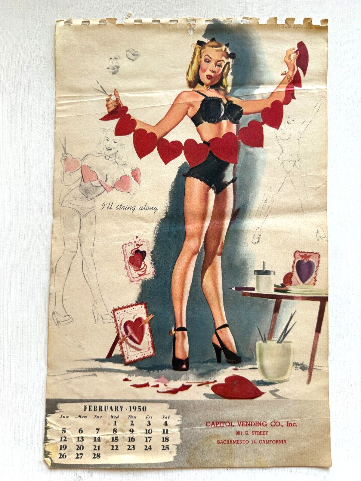 February 1950 Pinup Girl Calendar Page by Elliott- Valentine's Day