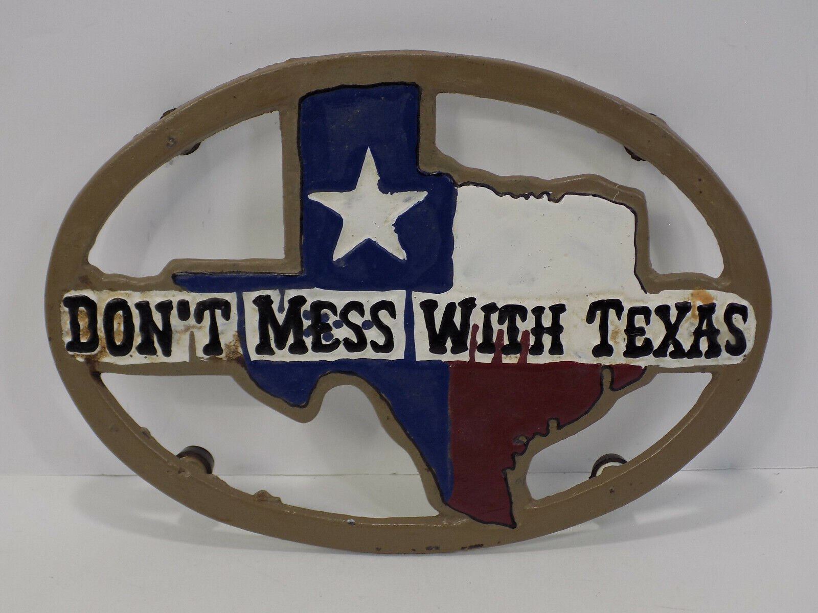 VINTAGE NICE Don\'t Mess With Texas Cast Iron Trivet Oval Hot Pan Rest