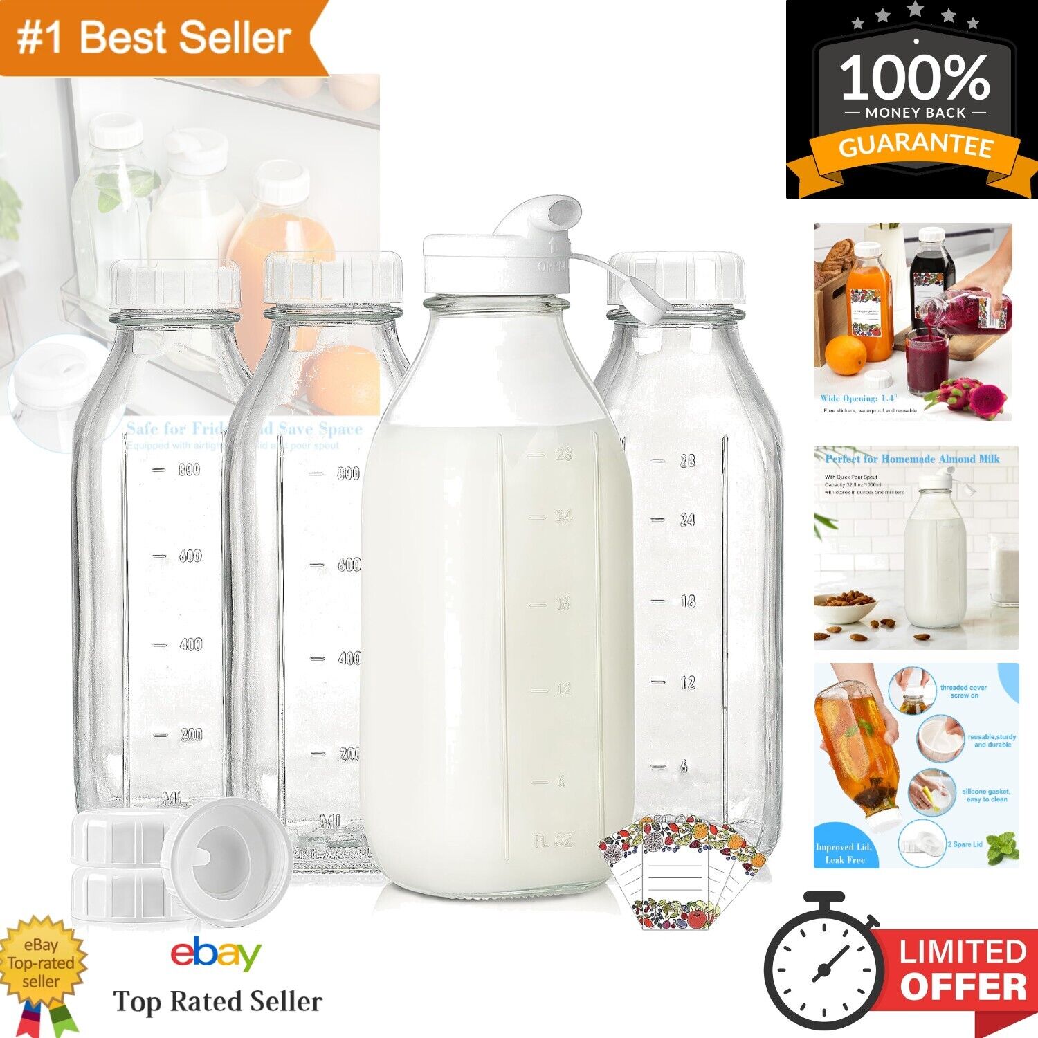 Airtight Glass Milk Bottles - 4 Pack 32 Oz Drinking Jars with Pour Spout
