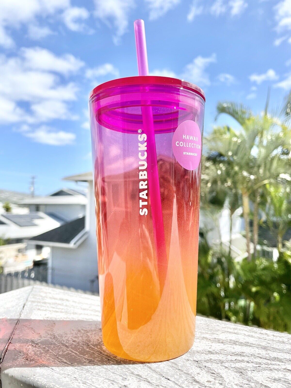 STARBUCKS HAWAII EXCLUSIVE Sunset Pink Orange Ombré Glass Tumbler 18oz