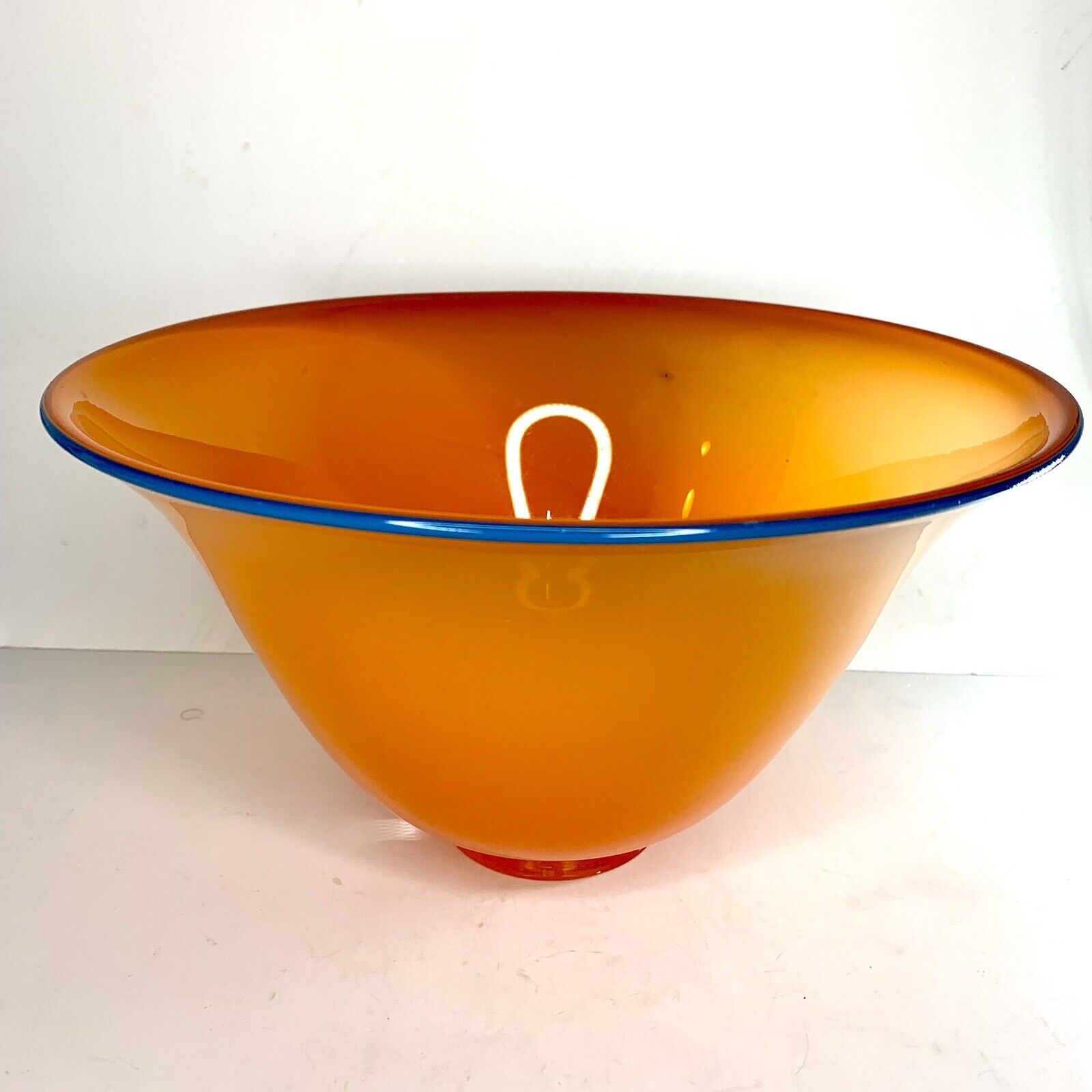 Studio Art Glass Hand Blown Blaze Orange Footed Bowl Blue Trim Liz Marx Signed