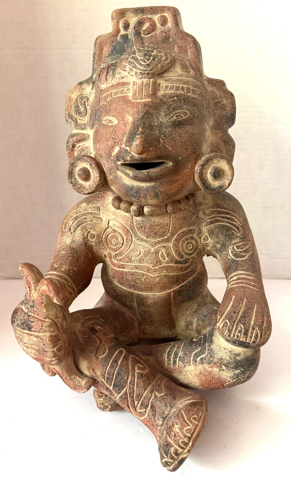 Mayan Aztec Terracotta Clay 13 in Statue Sitting Tribal God-like Figure Mexico