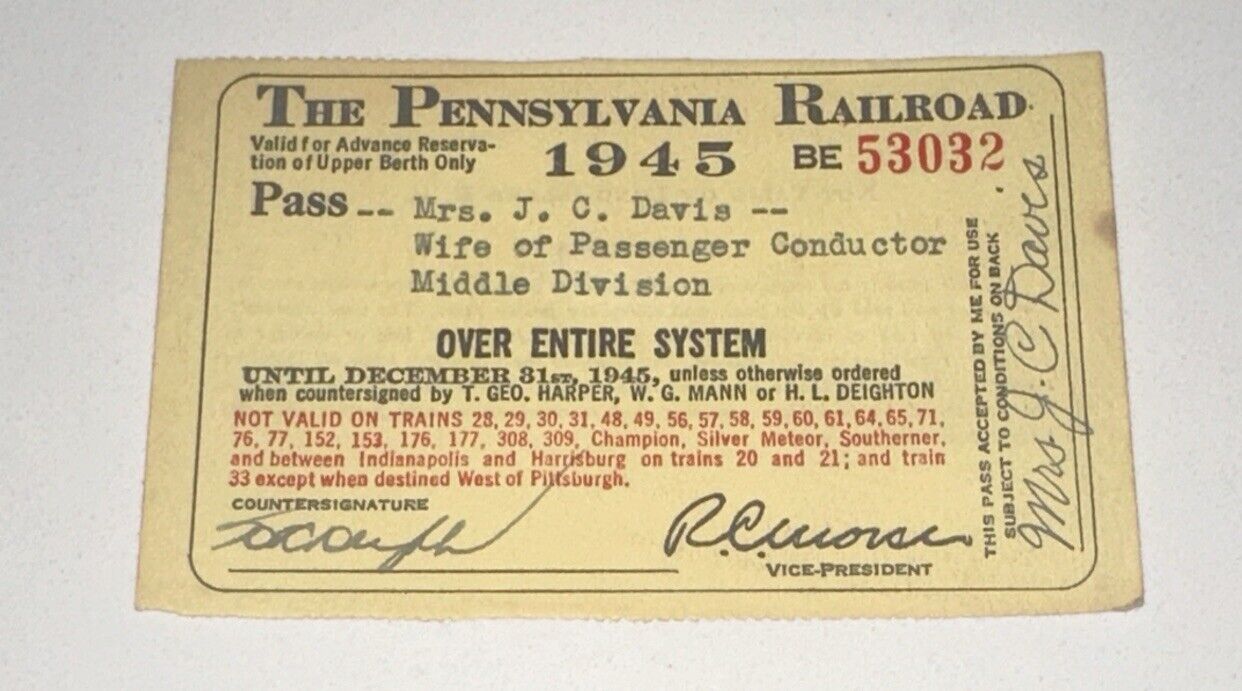 1945 Vintage Pennsylvania Railroad Ticket Stub Yearly Annual Pass Entire System