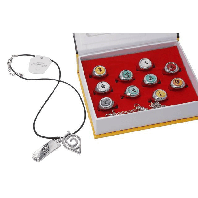 Naruto Akatsuki Rings Set 10pcs With Necklace And Chain Cosplay Itachi Gift Box