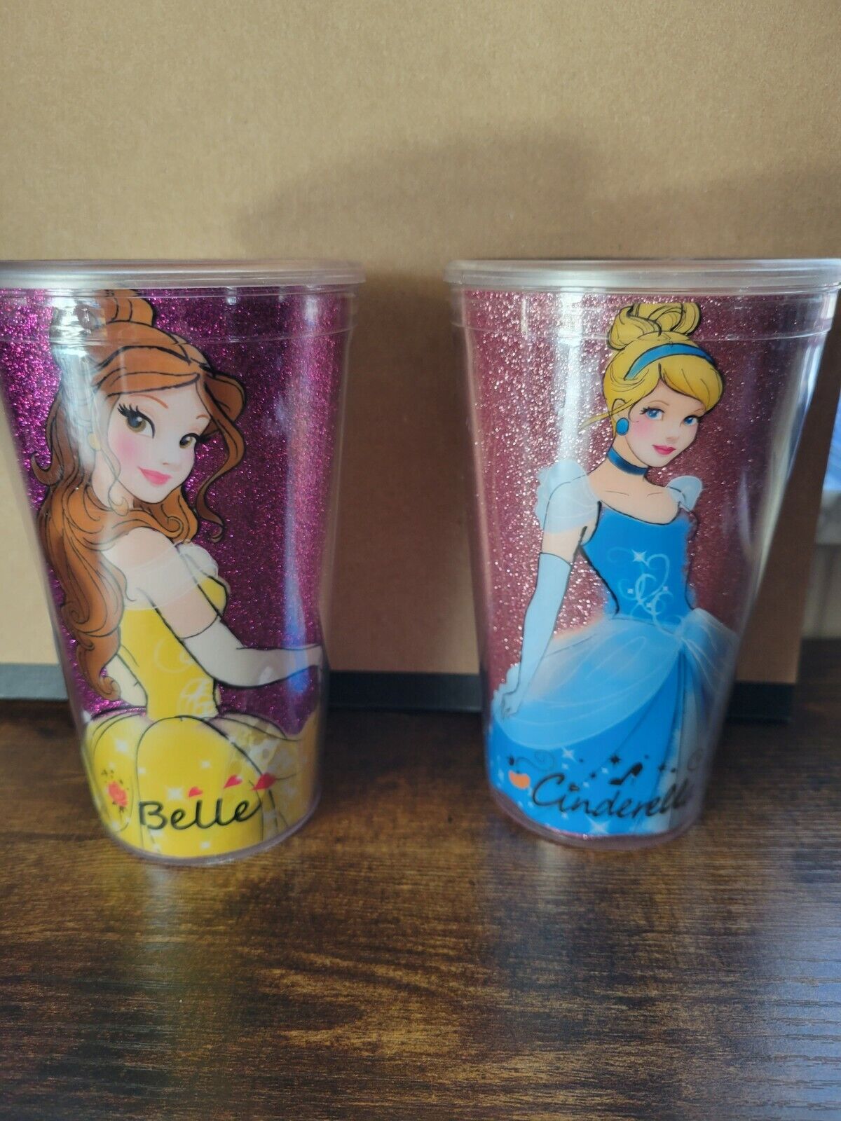 Disney Beauty Beast Belle & Cinderella Glitter BPA-Free Cold Cup 16 oz 2 Cup Lot
