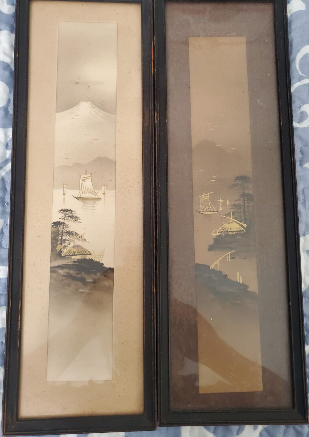 2 x Vintage Japanese Landscape Portrait Birds/Huts/Sailing Vessel/ Mt. Fuji