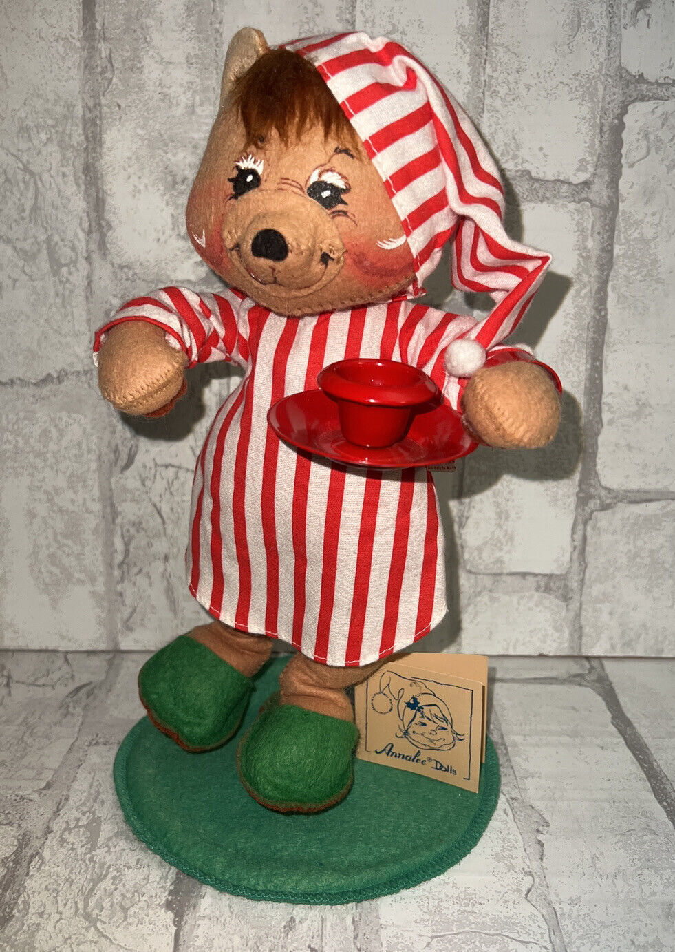 Vintage 1989 Annalee Christmas 12” Bear in Striped Nightshirt and Cap Candle