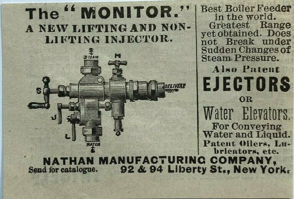 1884 Print Ad The Monitor Lifting Injector Ejector Nathan MFG Co Liberty St NY