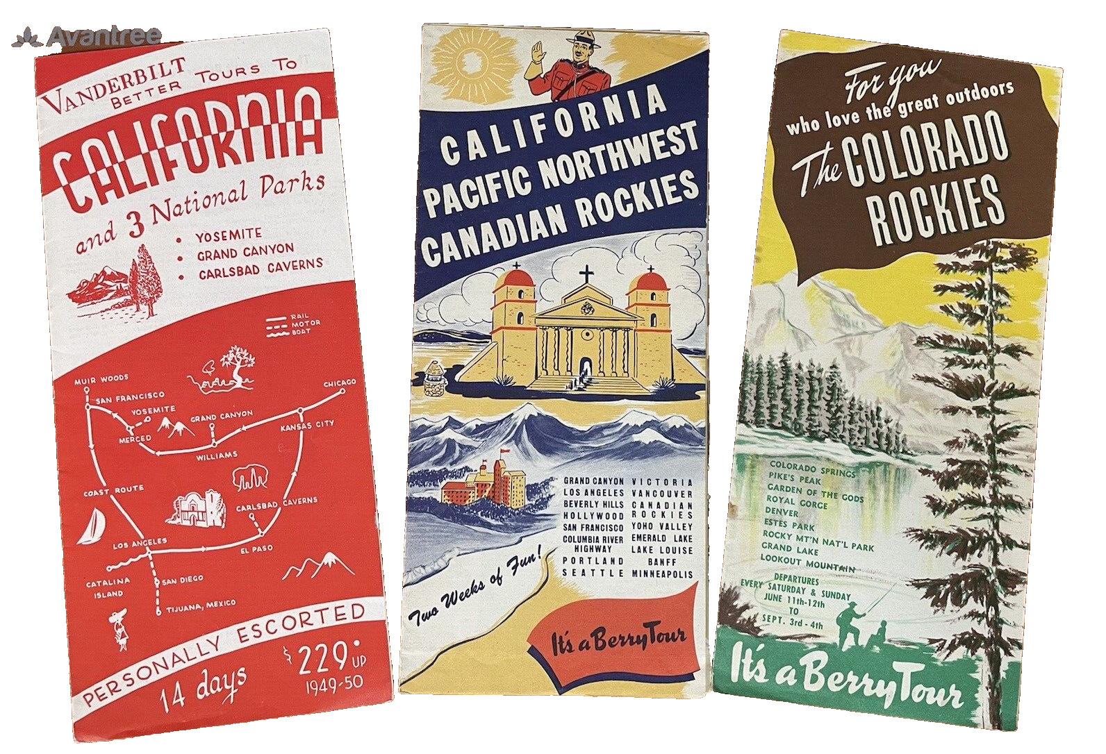 1949 Travel Brochures Colorado Rockies CA Pacific NW Berry Tours Parks Lot of 3