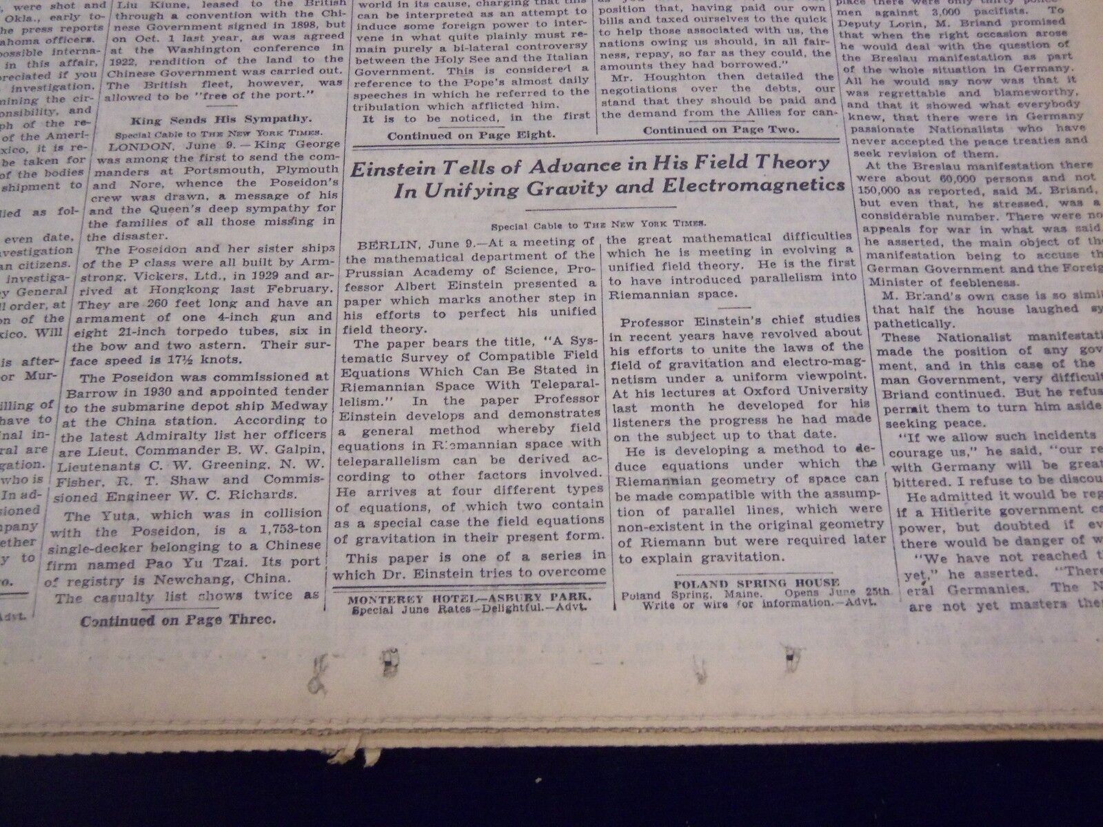 1931 JUNE 10 NEW YORK TIMES - EINSTEIN TELLS OF ADVANCE IN FIELD THEORY- NT 2200