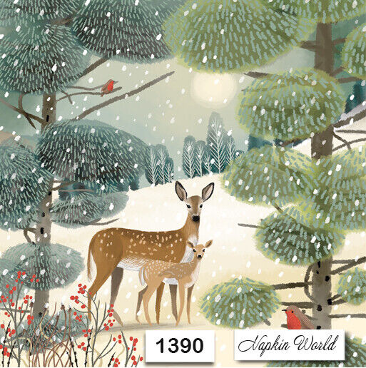 (1390) TWO Individual Paper Luncheon Decoupage Napkin - DEER FOREST WINTER ROBIN