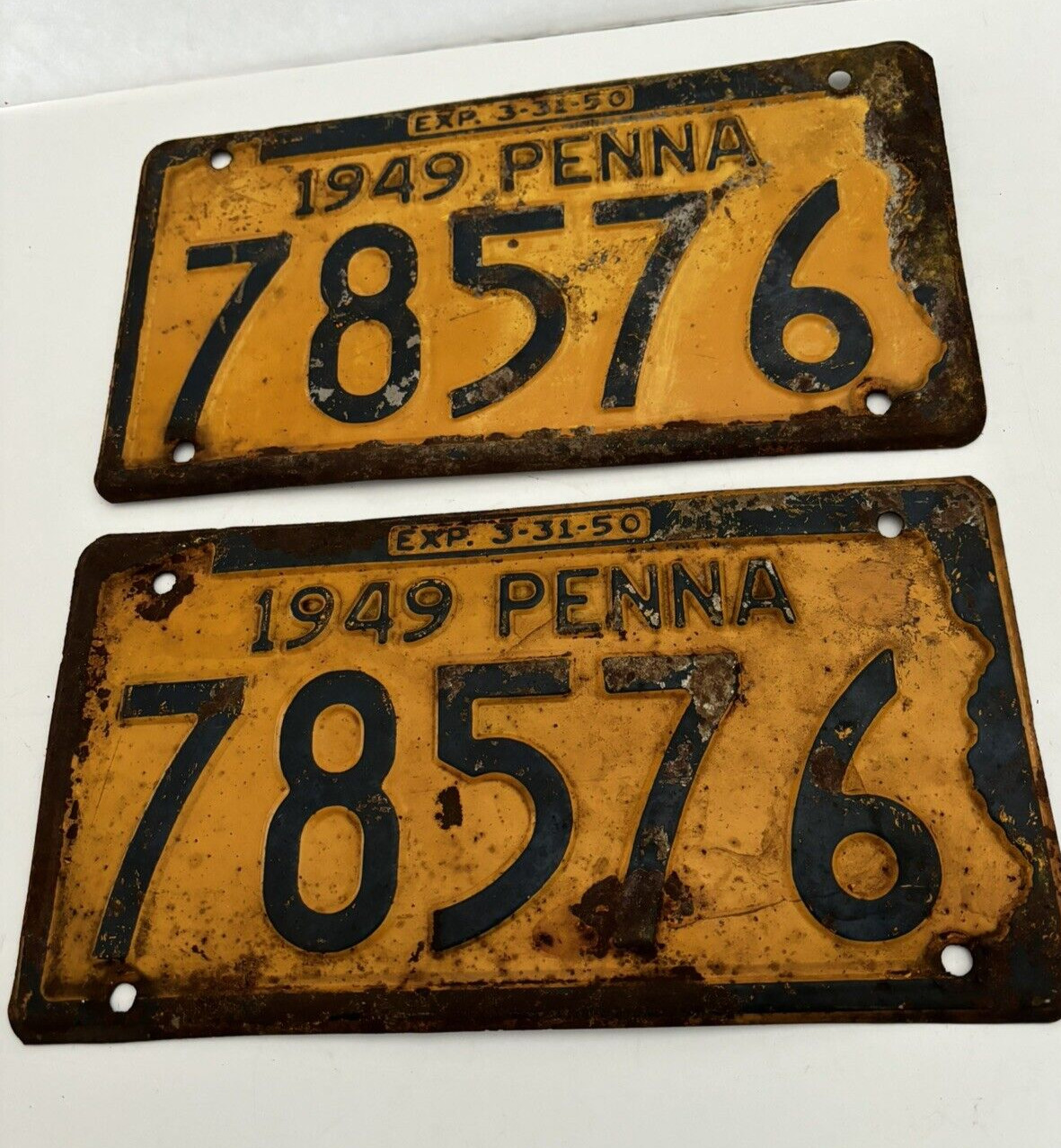(2) Vintage 1949 Pennsylvania License Plates- 78576 Yellow
