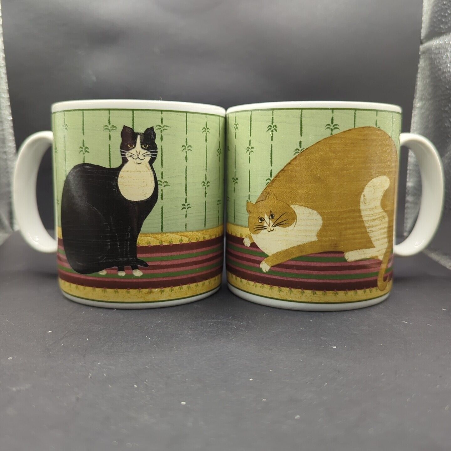 Sakura Warren Kimble Cat Mugs Cups Vintage Set of (2) Fat Cat Collection - 12 oz