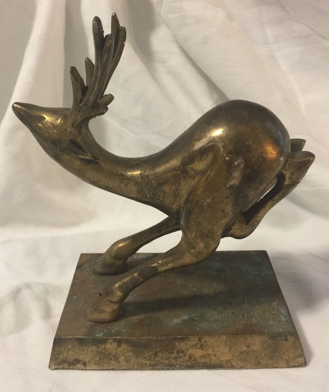 Vintage Brass Running Deer Buck Sculpture Patina Stag 