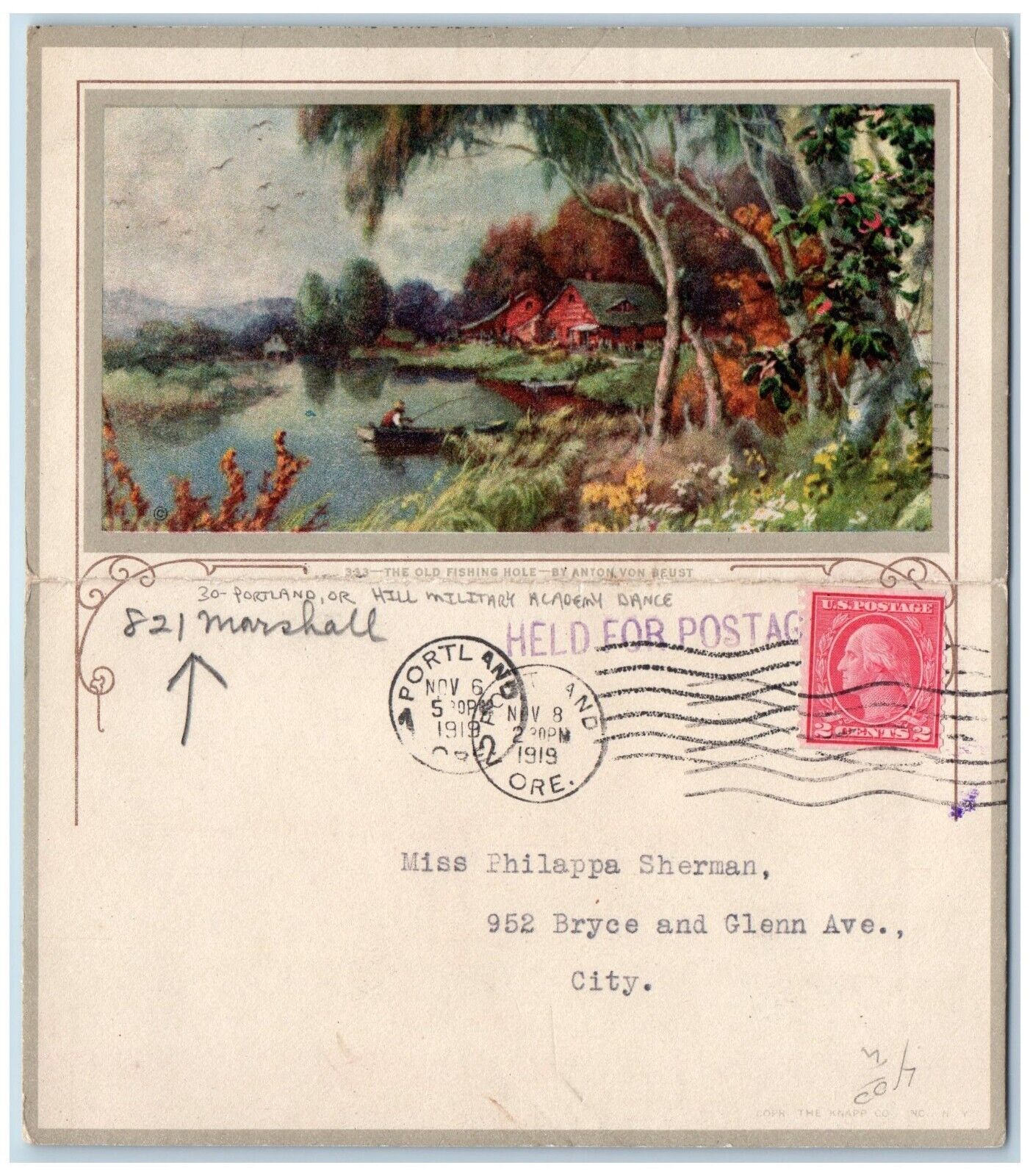 Portland Oregon Postcard The Old Fishing Hole Hill Military Academy Dance 1919